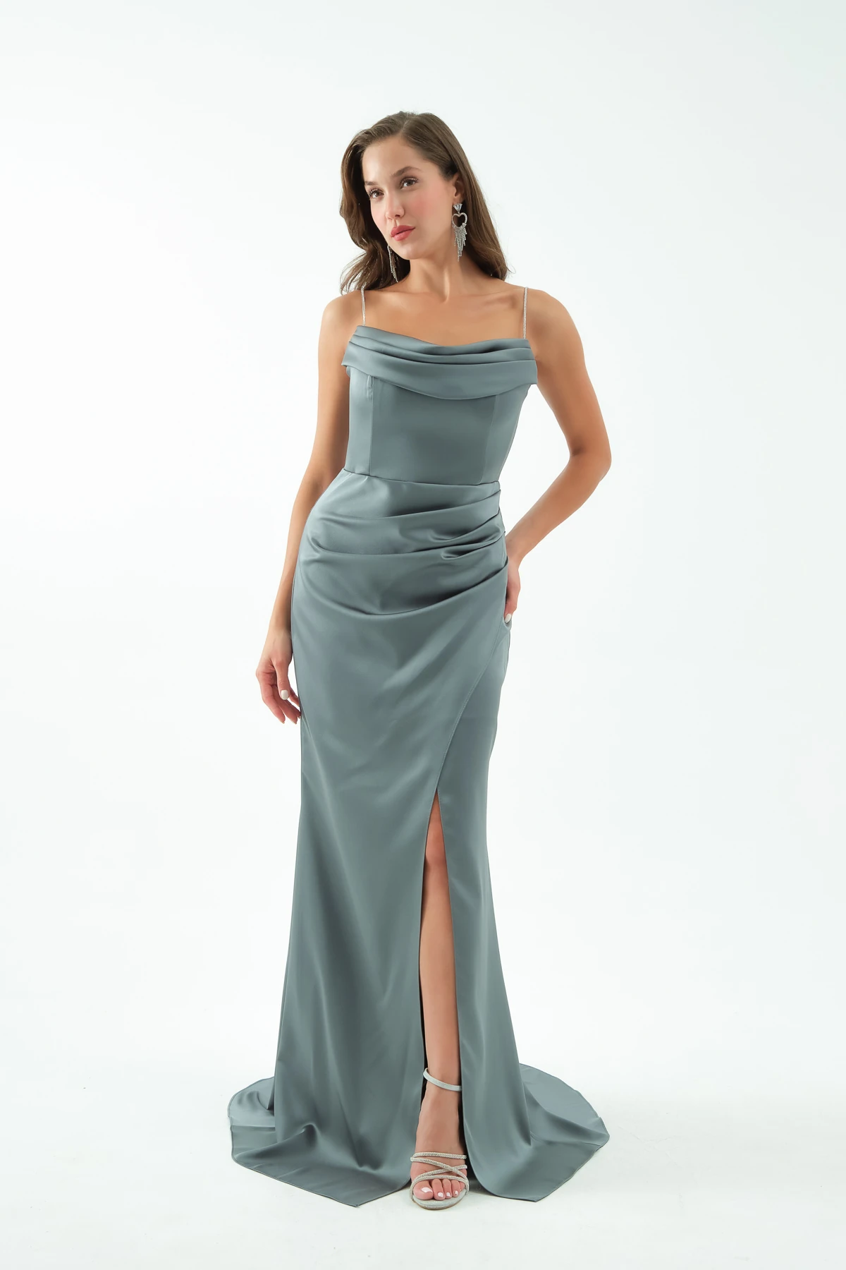 Kadın Taş Askılı Uzun Söz Nişan Abiye Elbise - Firuze