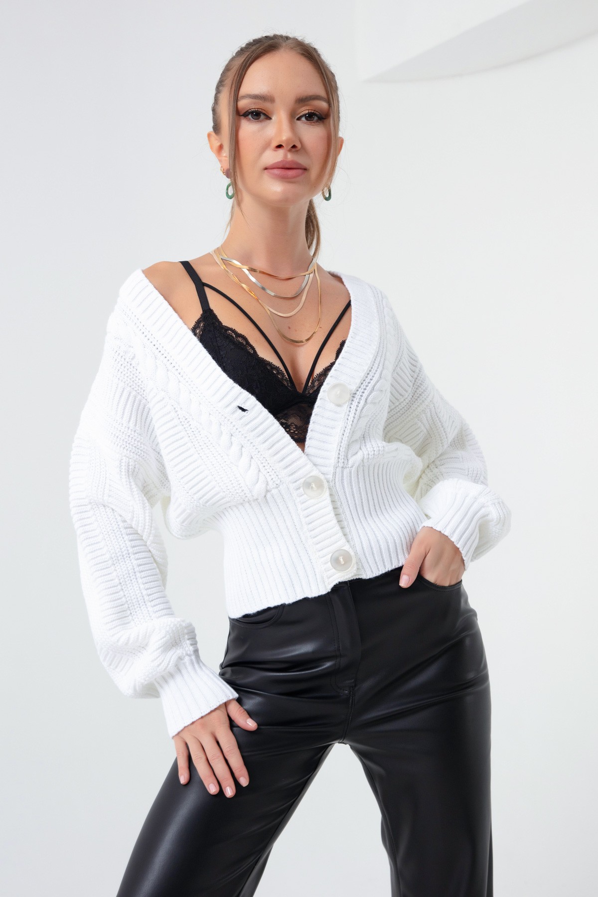 Kadın Beli Lastikli Mini Triko Hırka