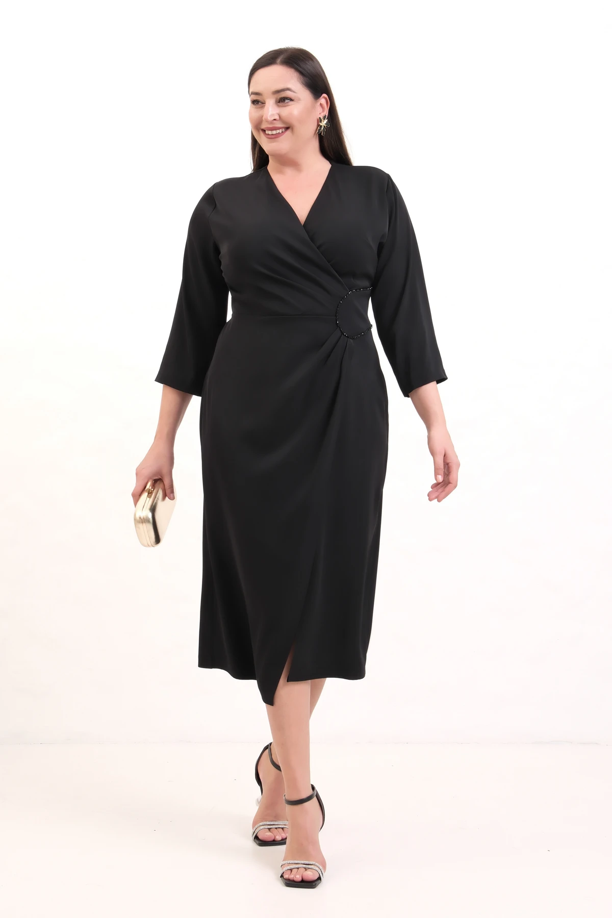 Kadın Kruvaze Yaka Boncuk İşlemeli Büyük Beden Midi Elbise - Siyah