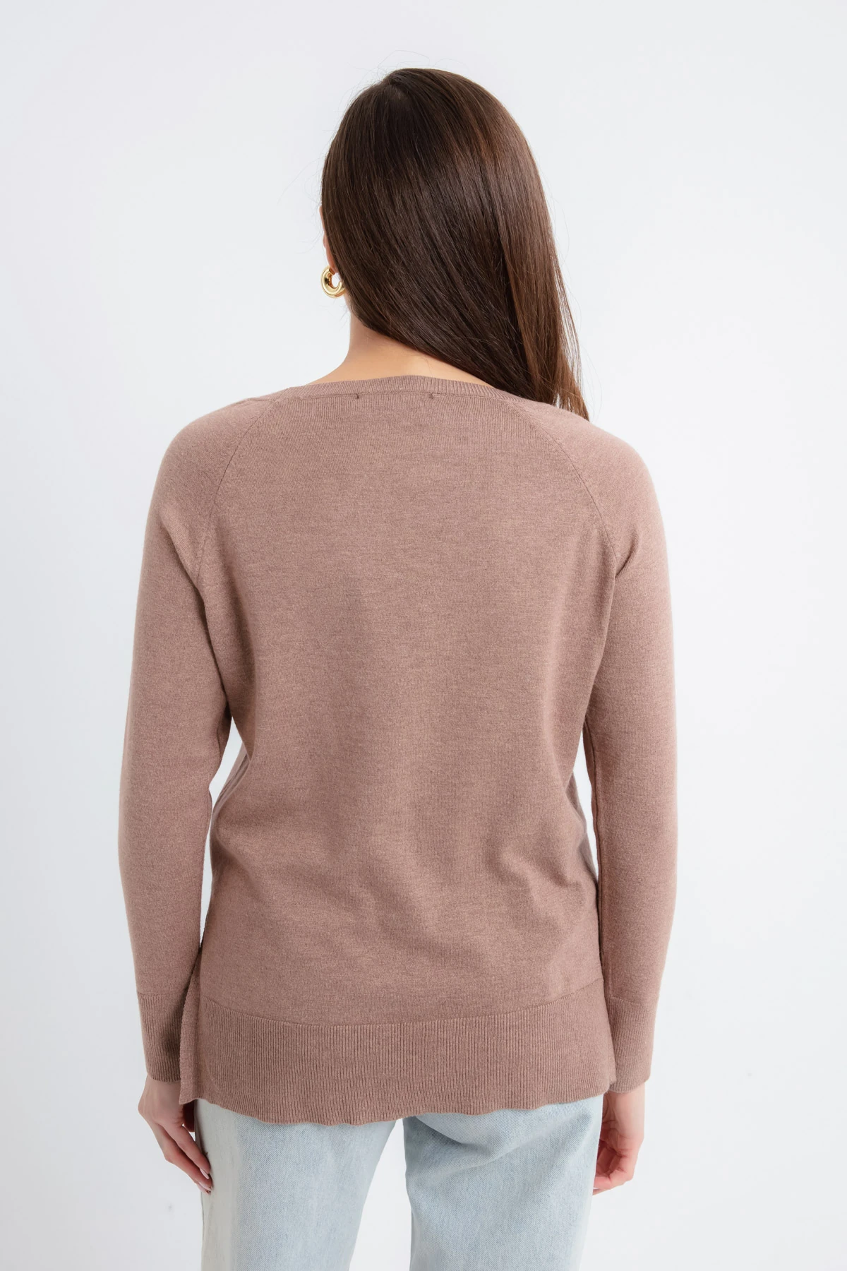 Kadın Kayık Yaka Yanları Yırtmaçlı Triko Kazak - Kahverengi