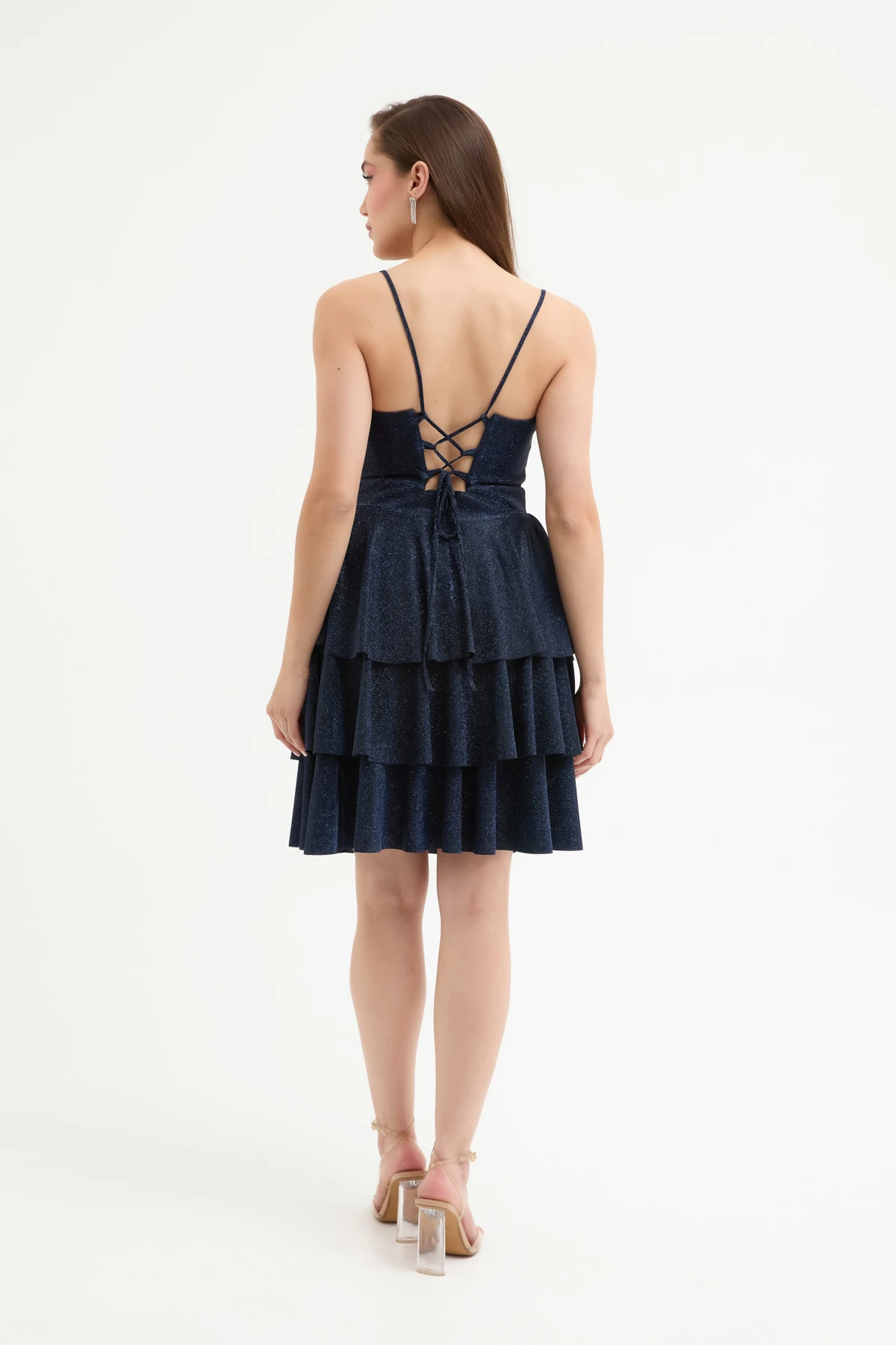 Kadın İnce Askılı Sırt Dekolteli Simli Mini Mezuniyet Elbisesi