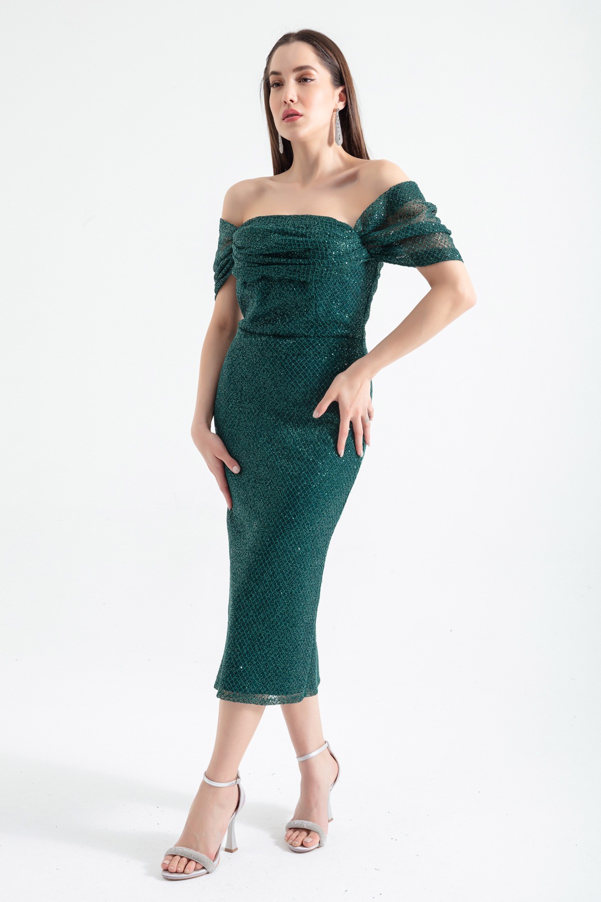 Kadın Kayık Yaka Simli Midi Abiye Elbise - Zümrüt Yeşili