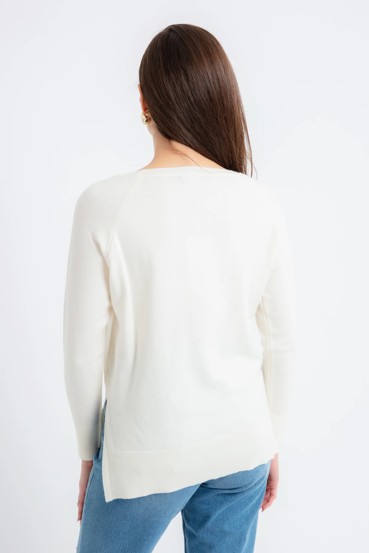 Kadın Kayık Yaka Yanları Yırtmaçlı Triko Kazak - Ekru