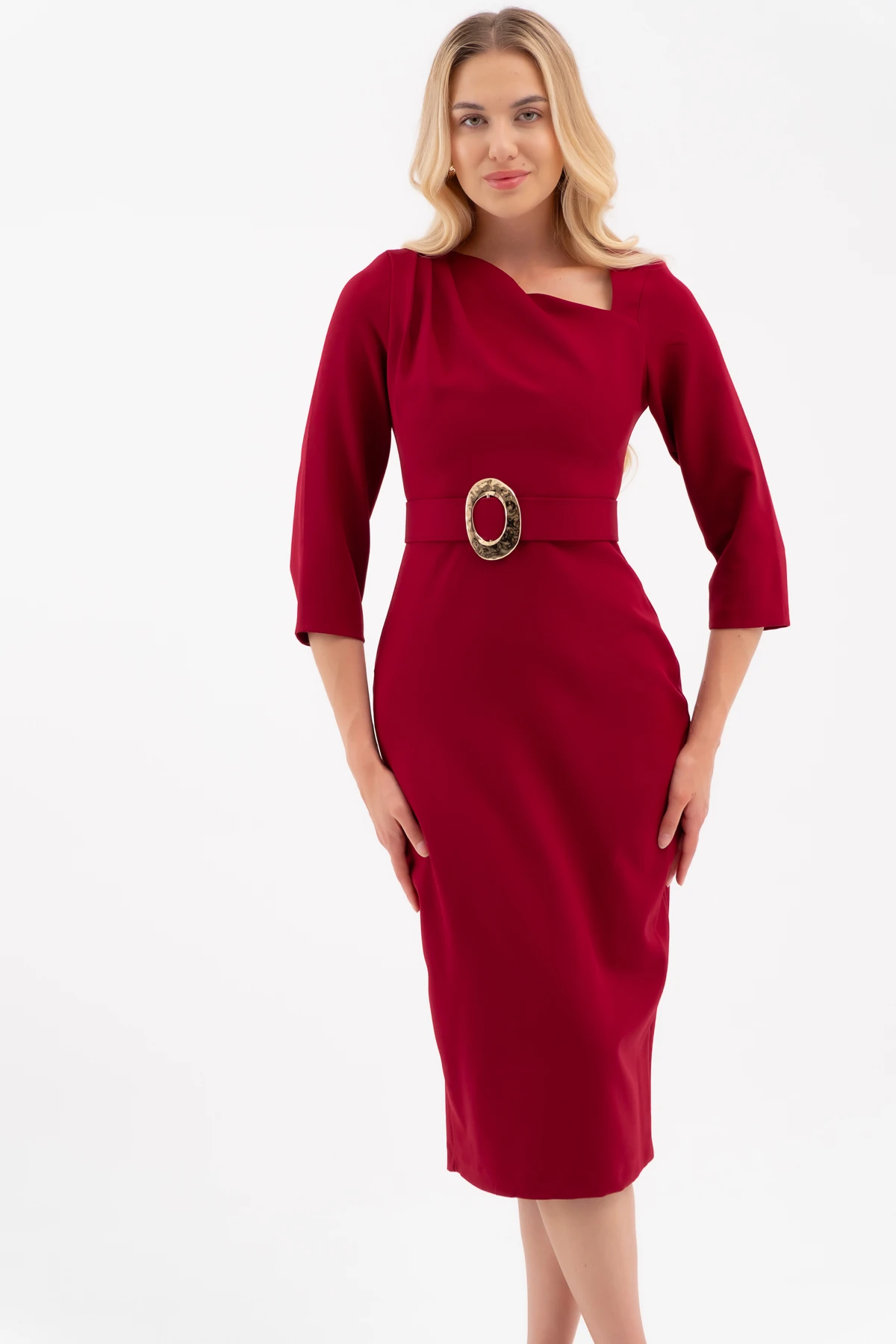 Kadın Kemer Detay Midi Davet Elbisesi - Bordo