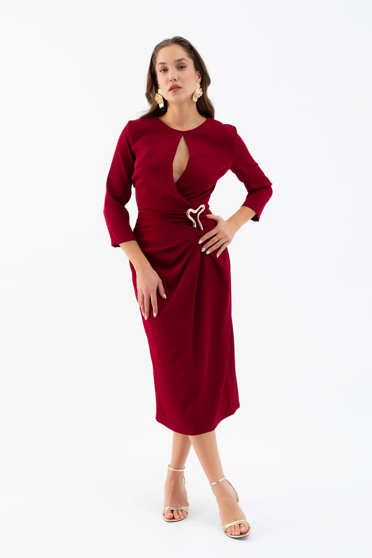 Kadın Aksesuar Detay Midi Elbise - Bordo