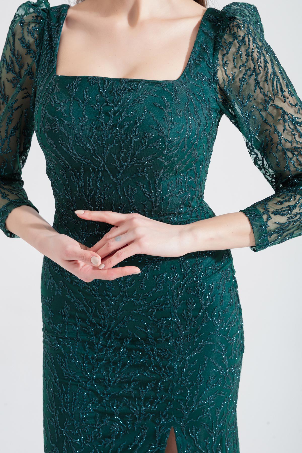 Kadın Kare Yaka Simli Midi Abiye Elbise - Zümrüt Yeşili