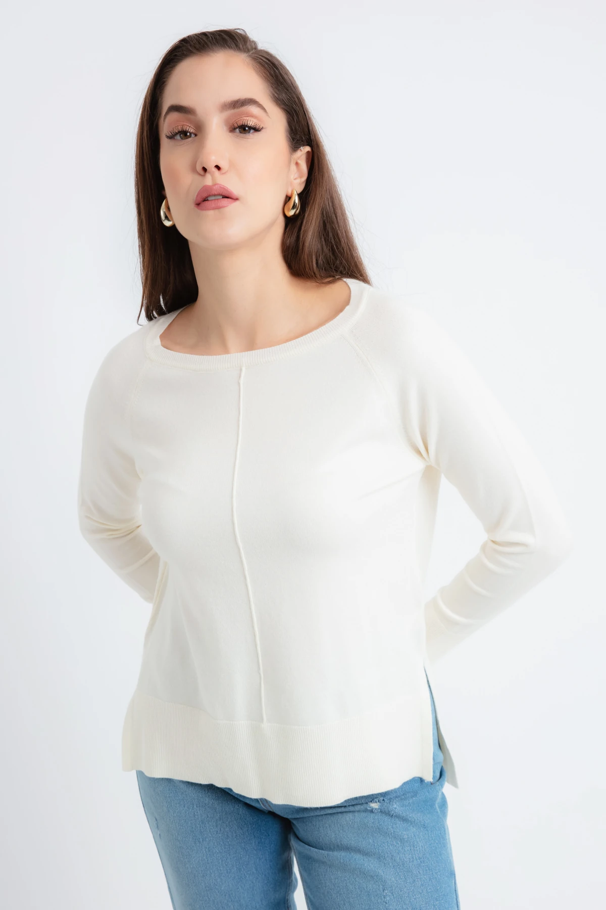 Kadın Kayık Yaka Yanları Yırtmaçlı Triko Kazak - Ekru