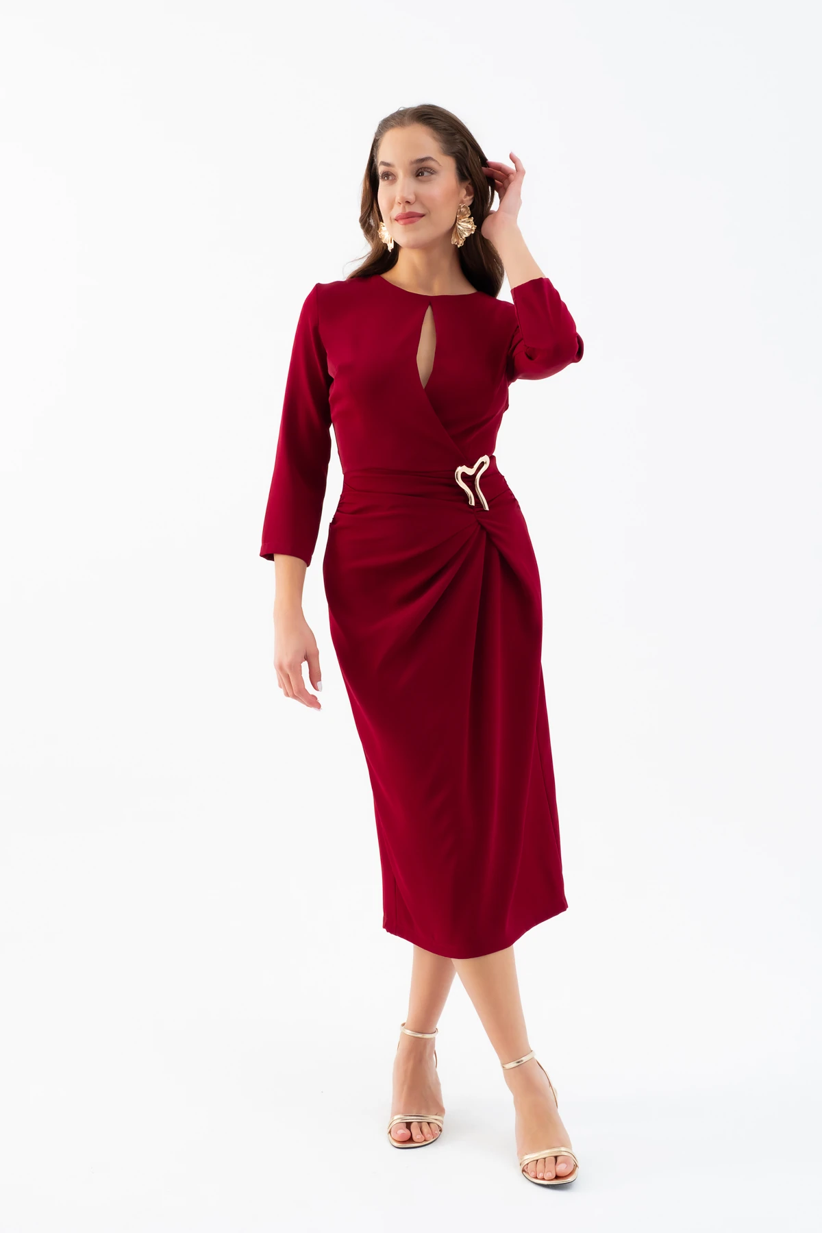 Kadın Aksesuar Detay Midi Elbise - Bordo