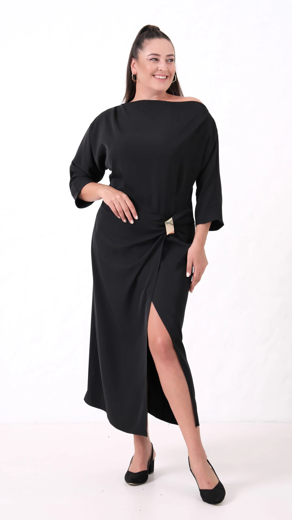 Kadın Aksesuar Detay Midi Davet Elbise - Siyah