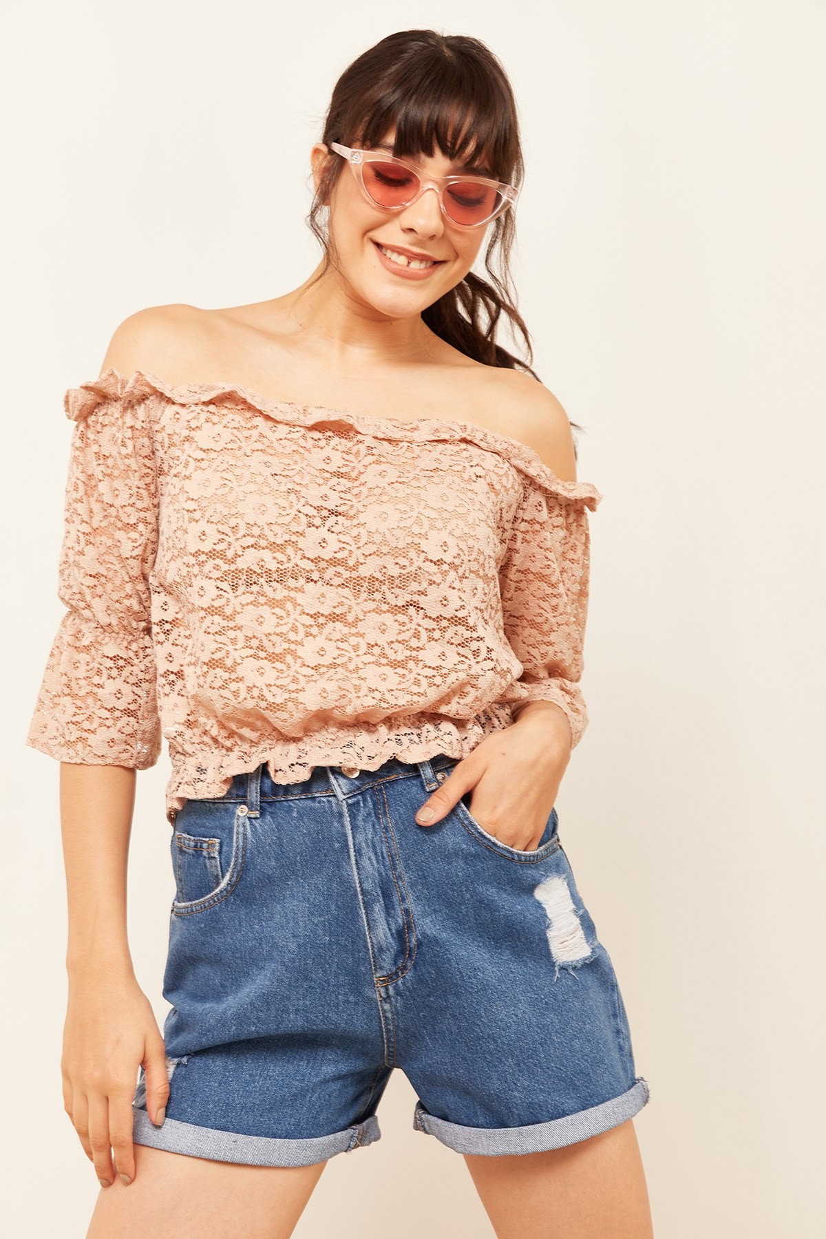 Kadın Dantelli Crop Bluz