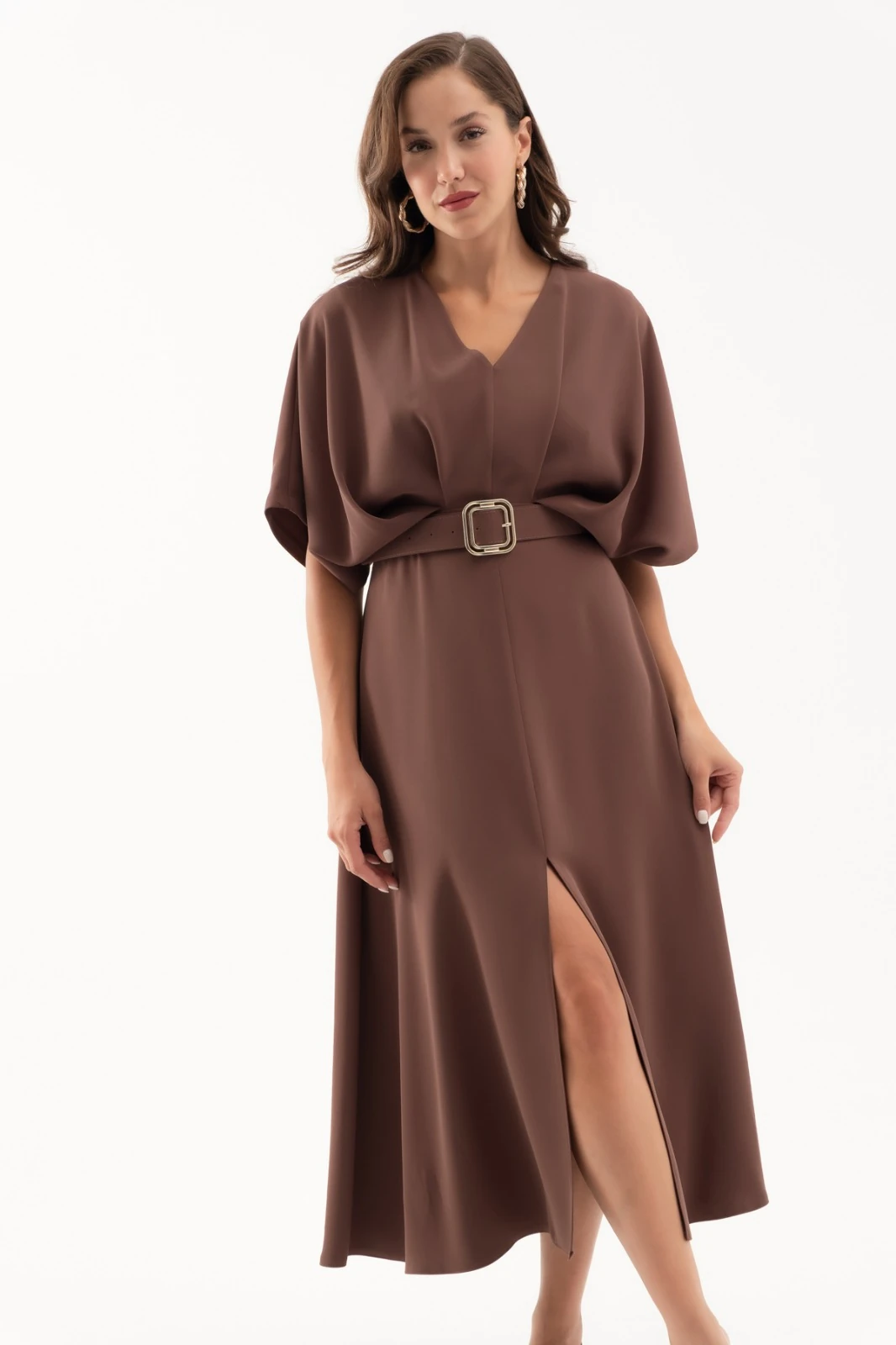 Kadın V Yaka Kemerli Midi Davet Elbisesi - Kahverengi