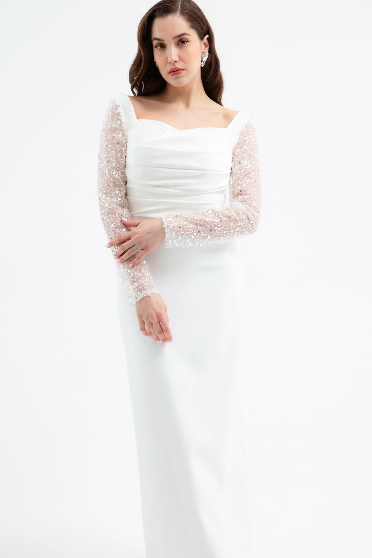 Kadın Kalp Yaka Kolları Payetli Midi Söz Nişan Nikah Abiye Elbise - Beyaz