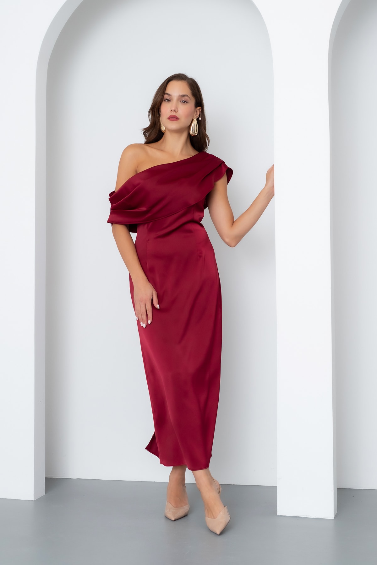 Kadın Degaje Yaka Saten Elbise - Bordo