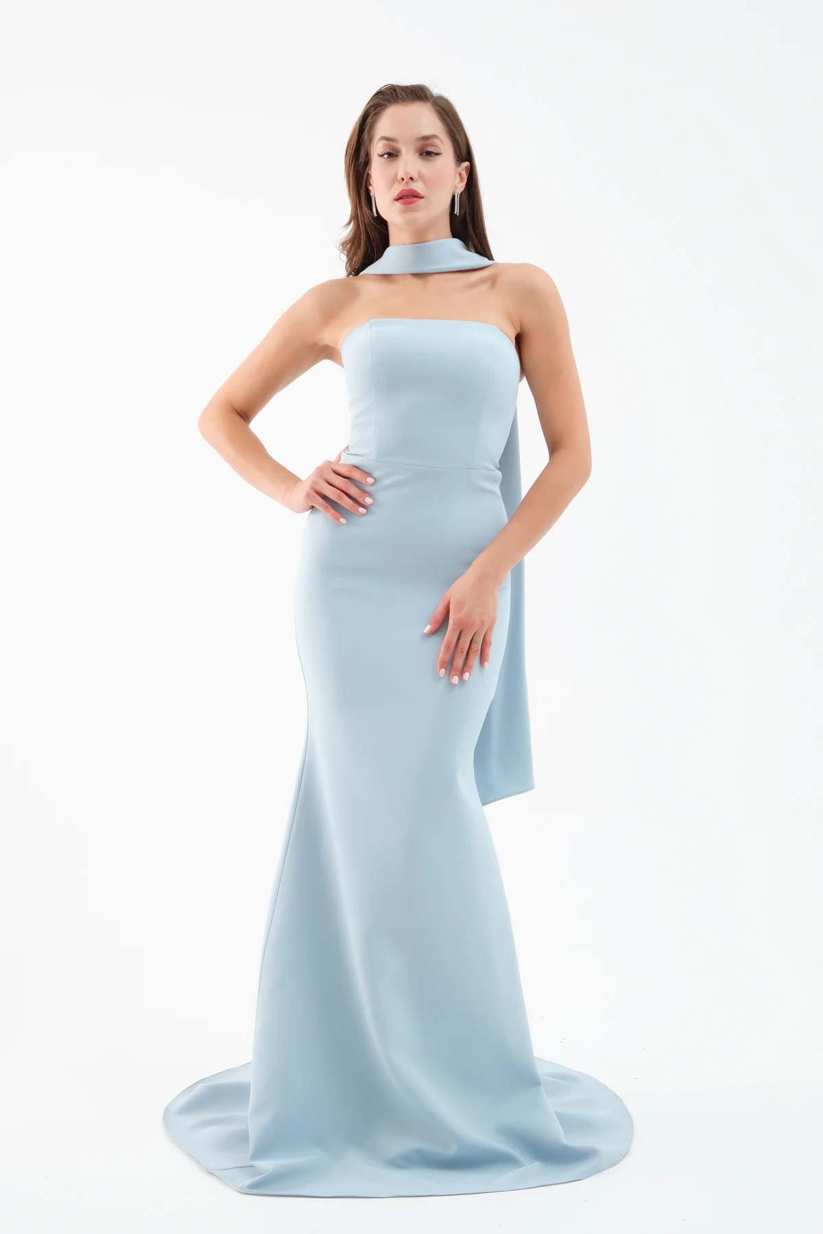 Kadın Şal Yaka Detay Uzun Abiye Elbise - Bebe Mavi