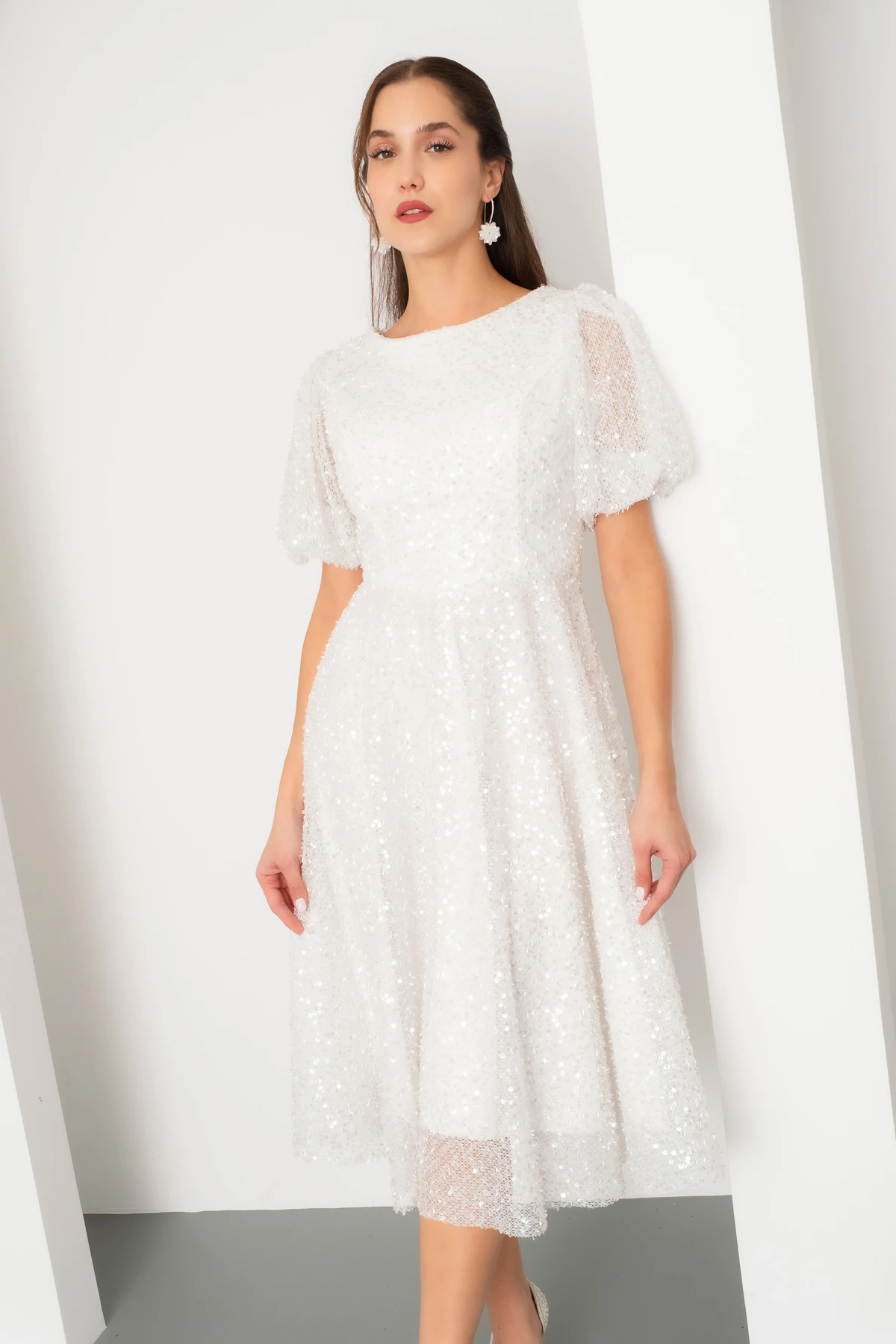 Kadın Balon Kol Pul Payet Midi Abiye Elbise - Beyaz