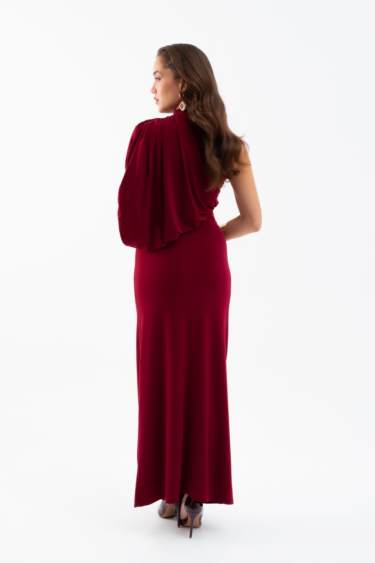Kadın Tek Omuz Drape Detaylı Uzun Elbise