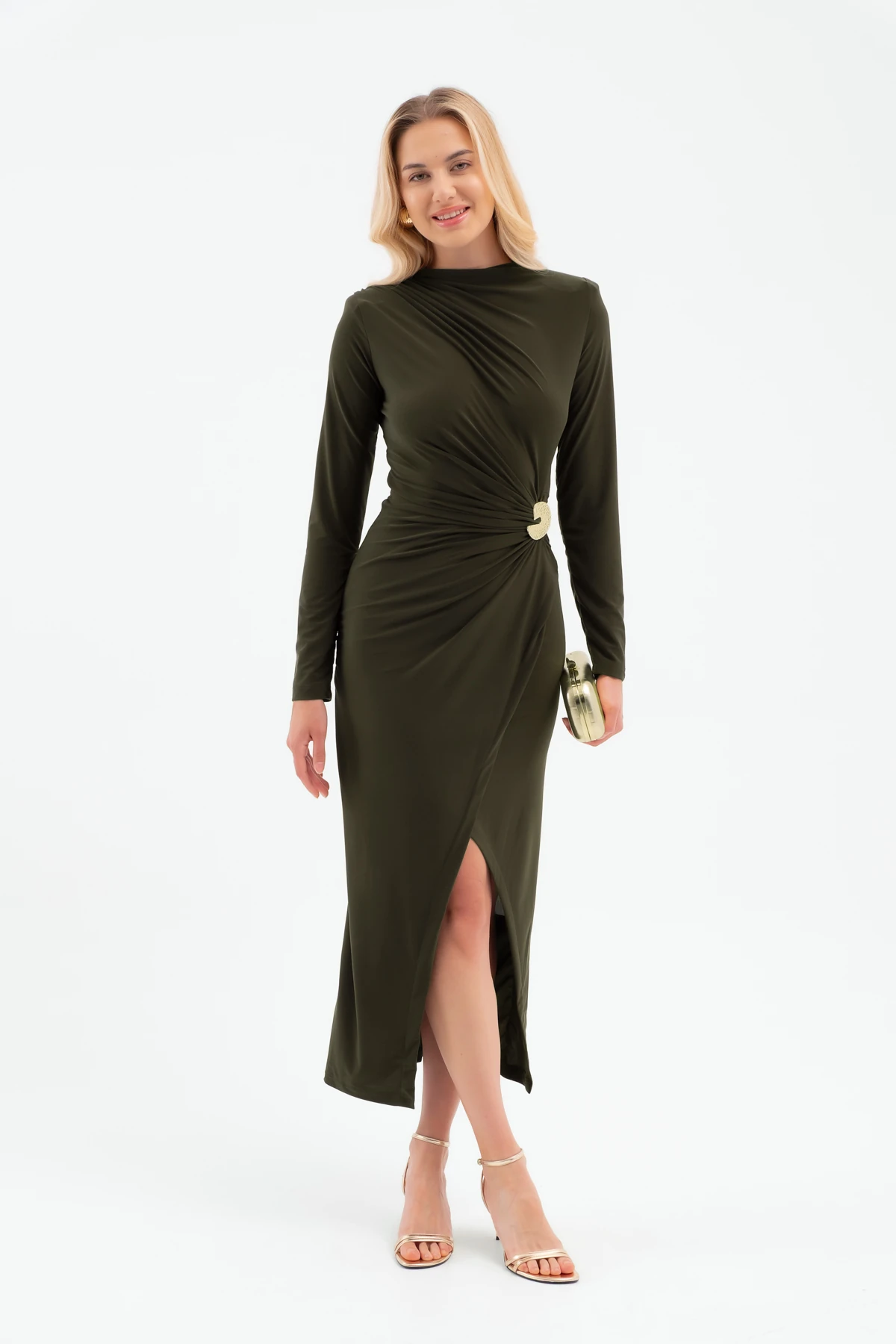 Kadın Aksesuar Detay Midi Elbise - Haki