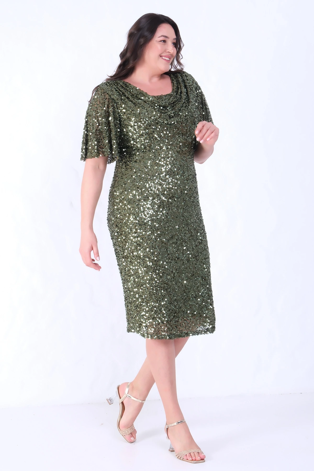 Kadın Degaje Yaka Pul Payet Büyük Beden Abiye Elbise - Haki