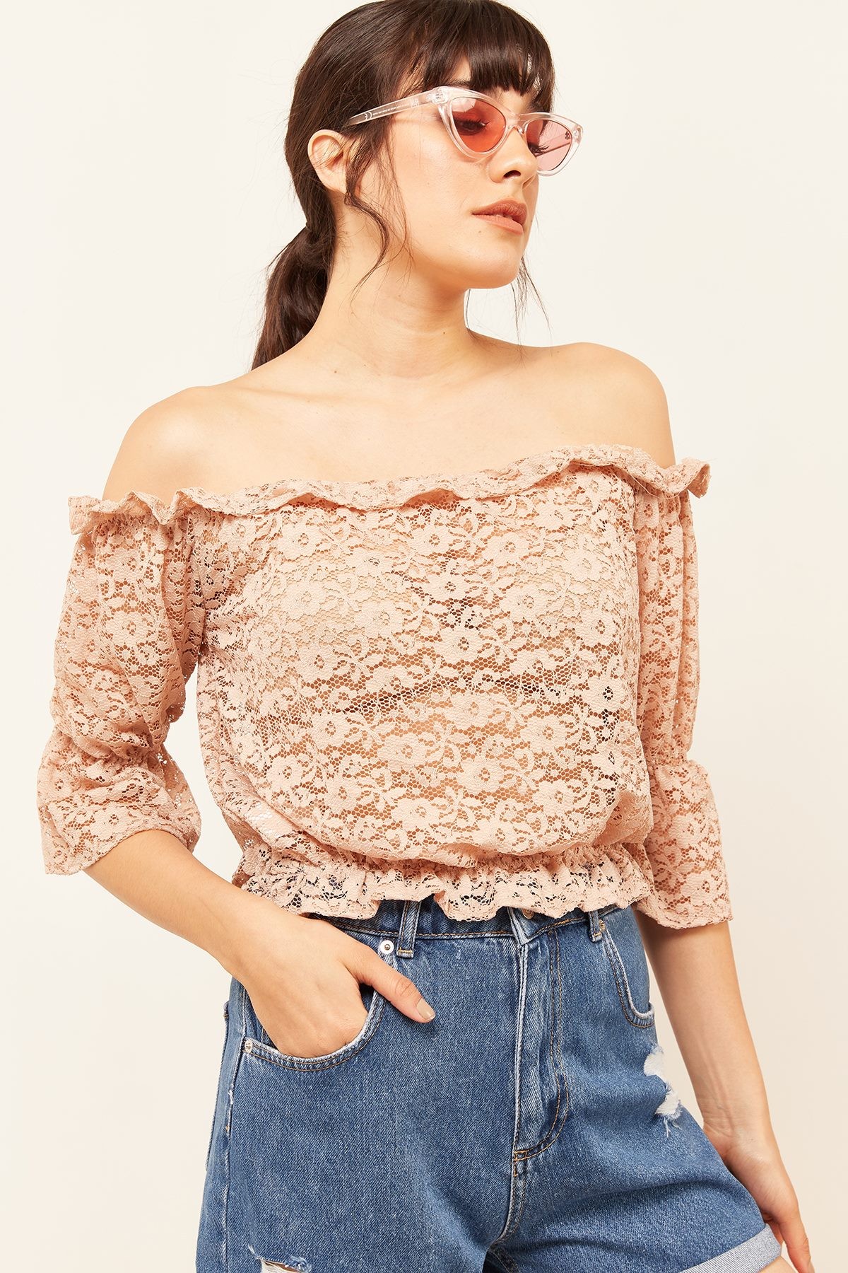 Kadın Dantelli Crop Bluz