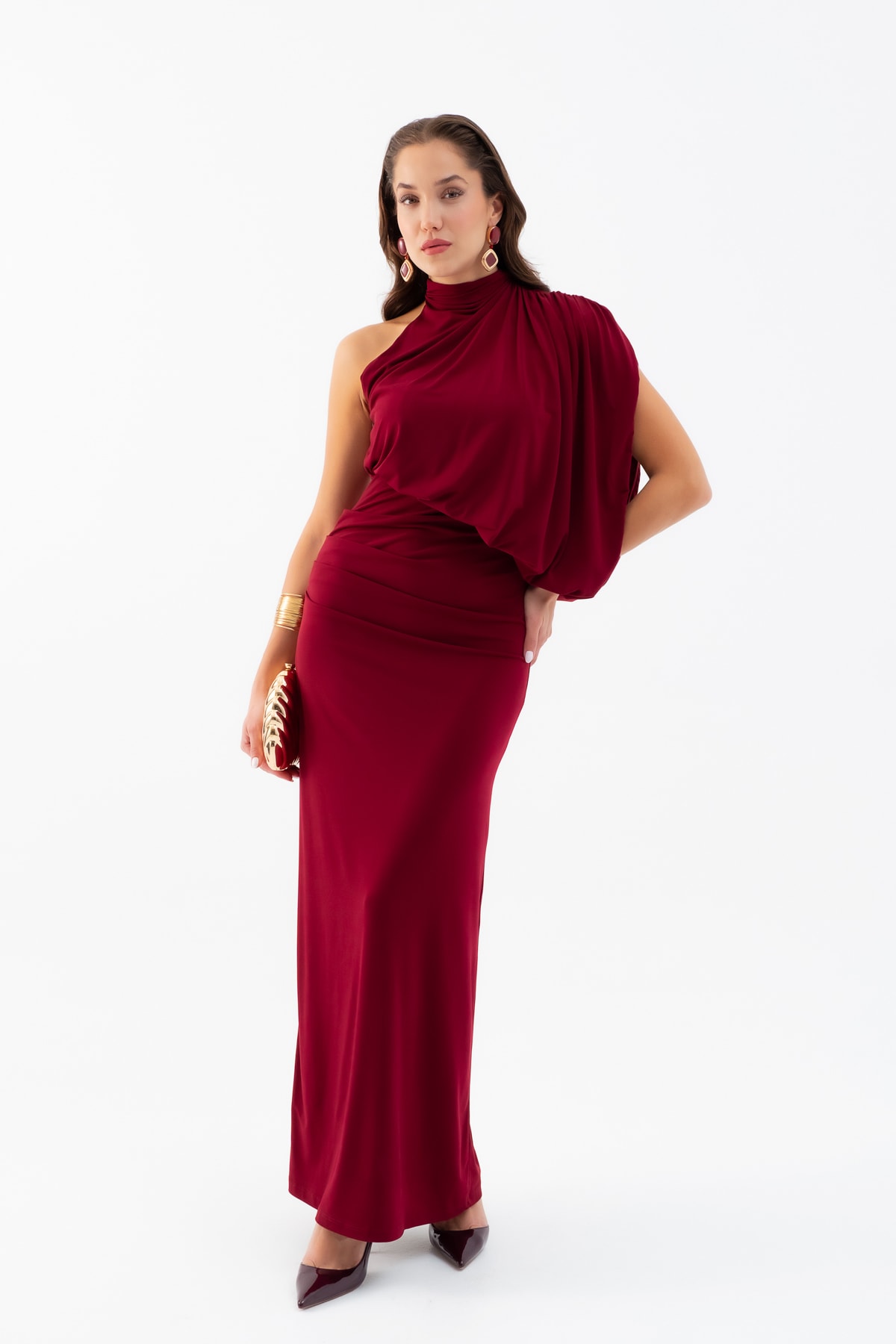 Kadın Tek Omuz Drape Detaylı Uzun Elbise - Bordo