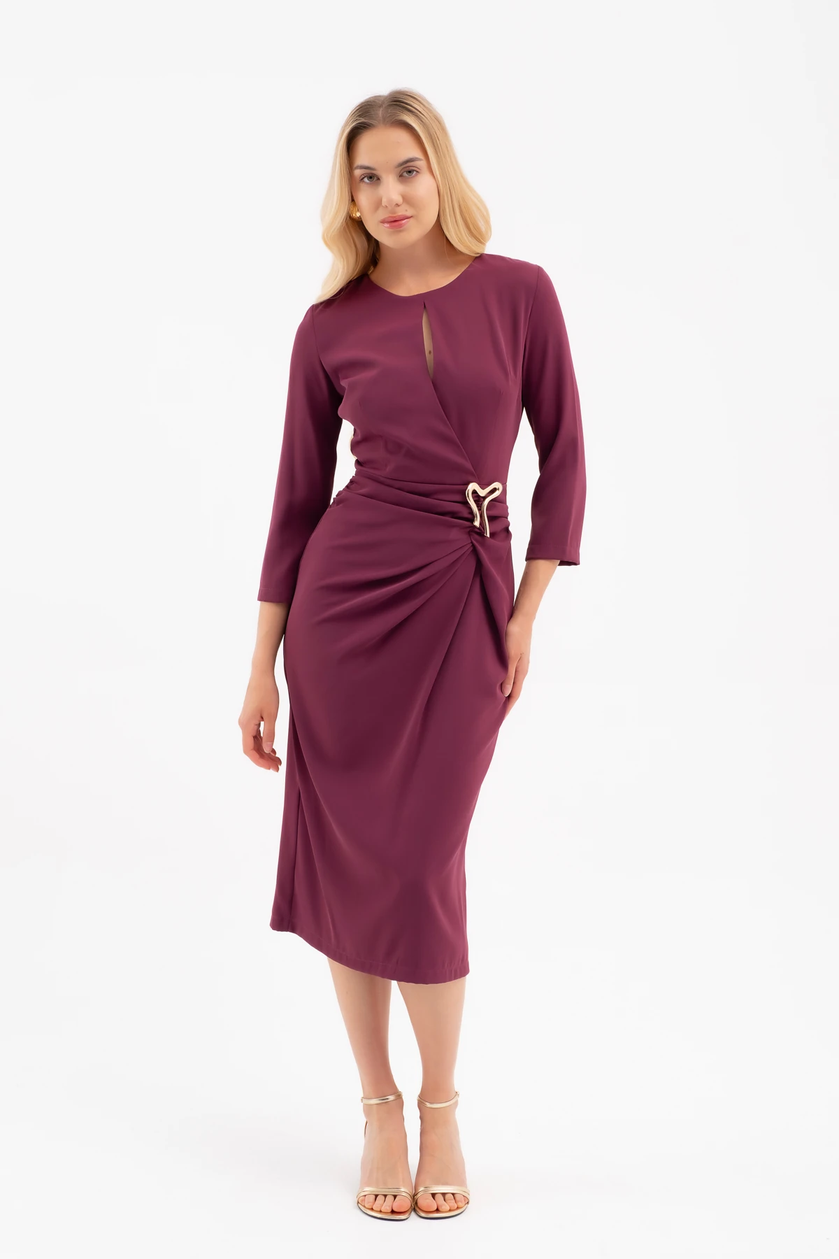 Kadın Aksesuar Detay Midi Elbise - Mürdüm