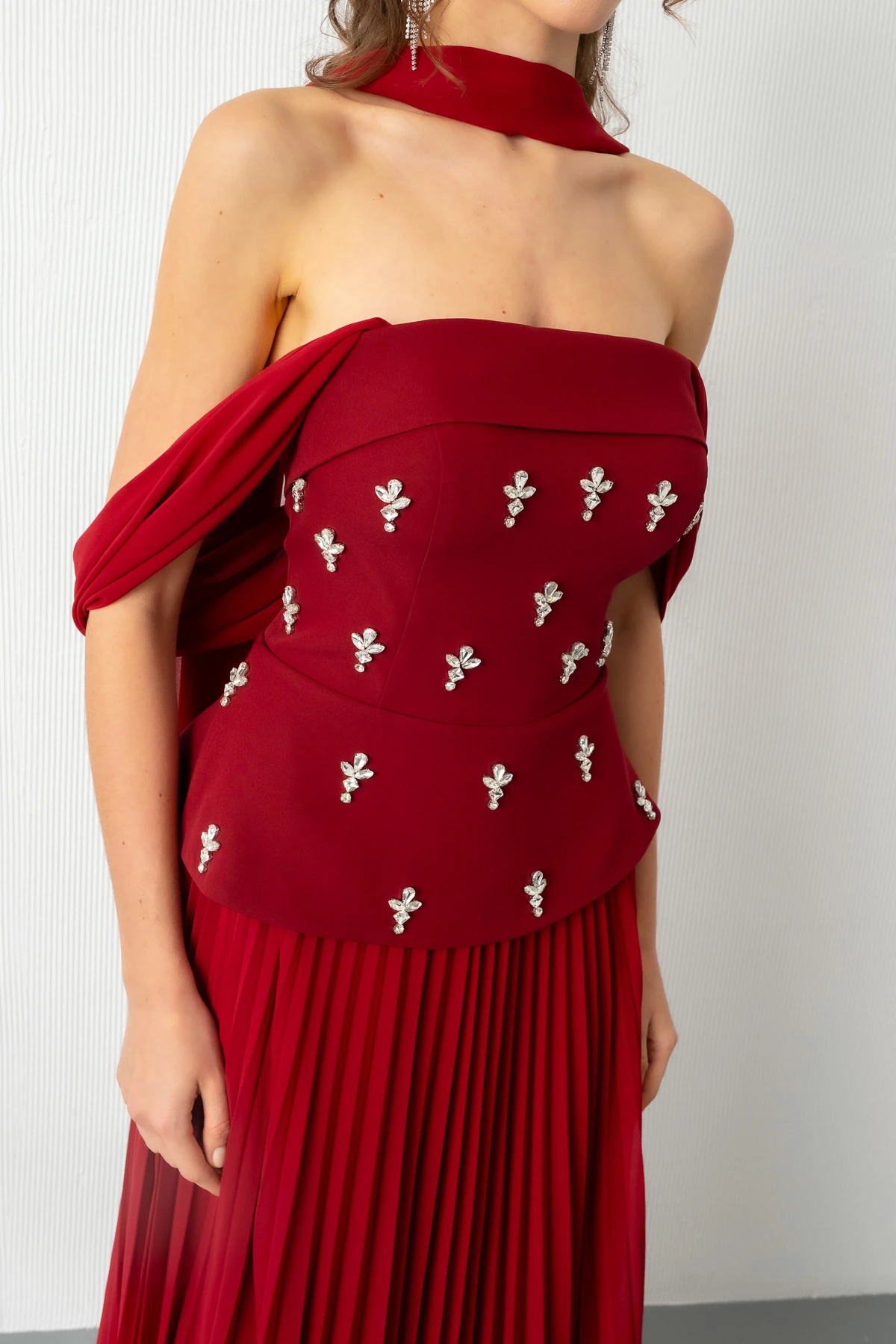 Kadın Straplez Yaka Taşlı Uzun Söz Nişan Nikah Abiye Elbise - Bordo