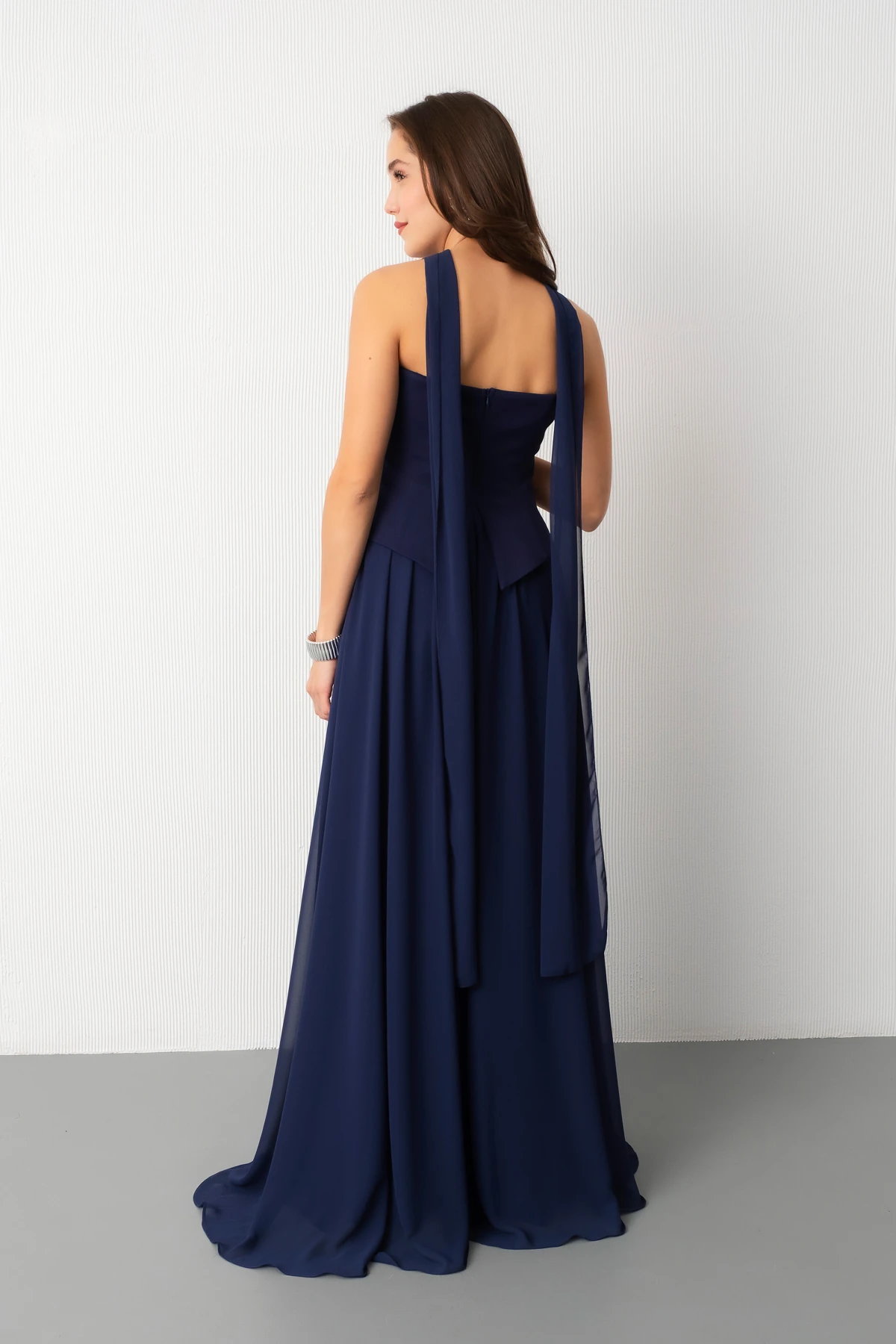 Kadın Straplez Yaka Piliseli Dantel Detay Uzun Abiye Elbise - Lacivert