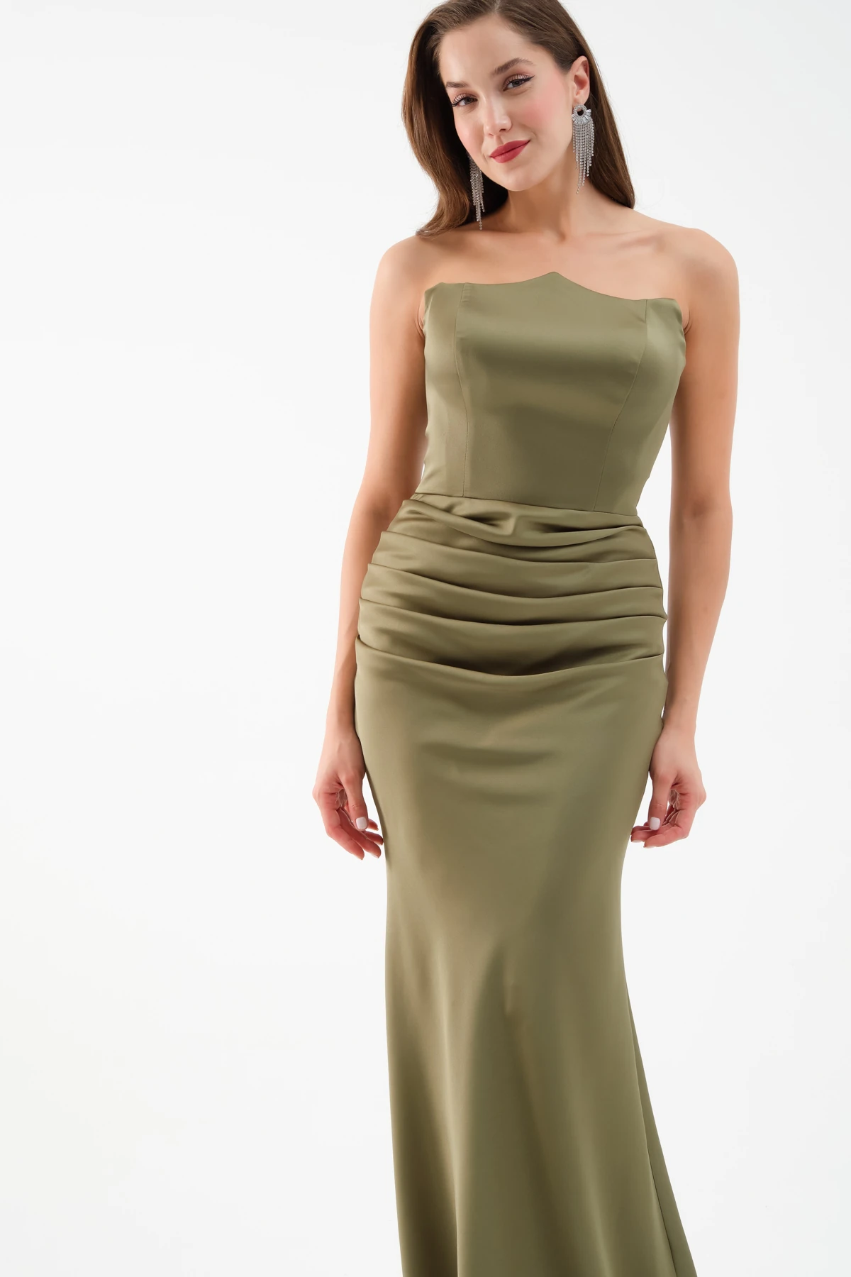 Kadın Straplez Uzun Saten Söz Nişan Abiye Elbise - Haki