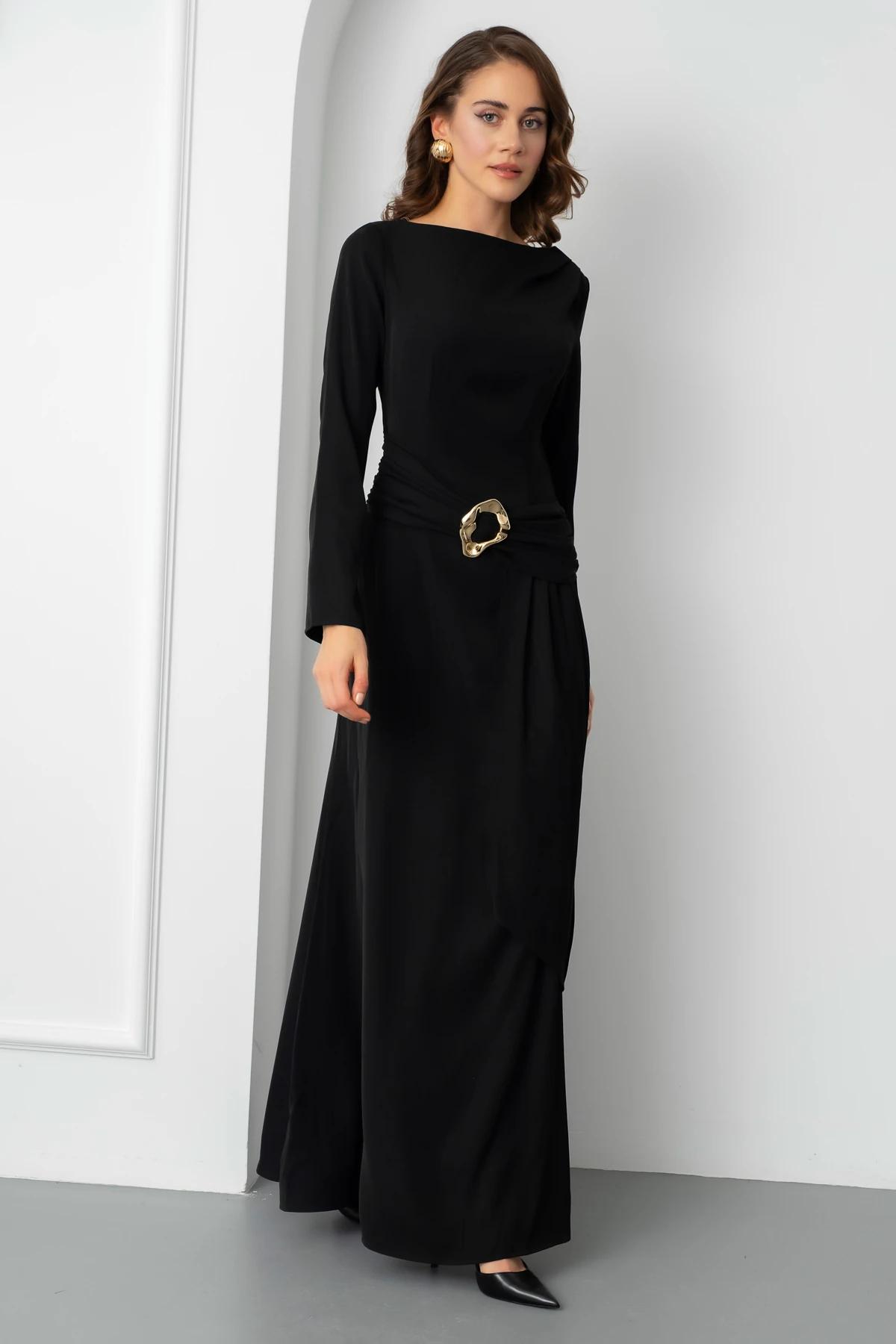 Kadın Aksesuar Detay Uzun Elbise - Siyah