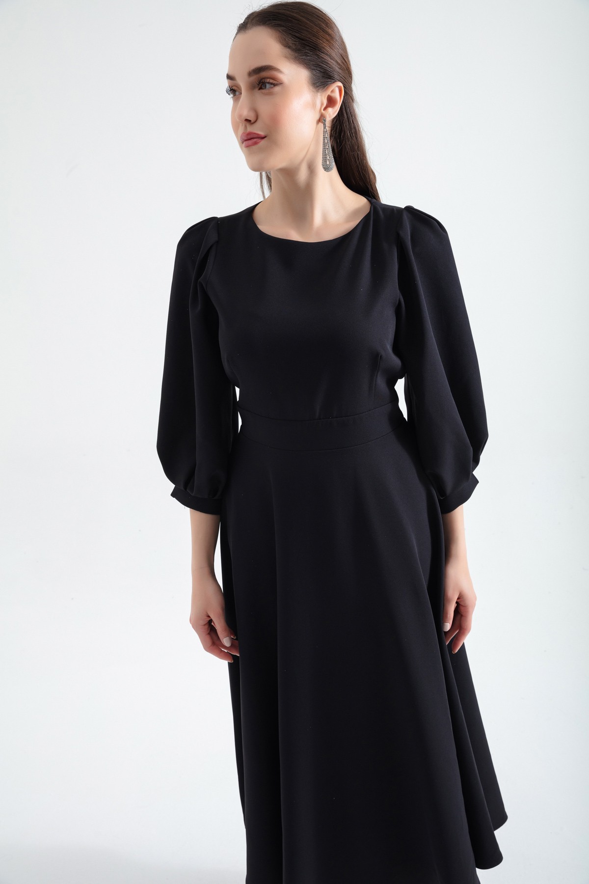 Kadın Sırt Detaylı Midi Elbise - Siyah