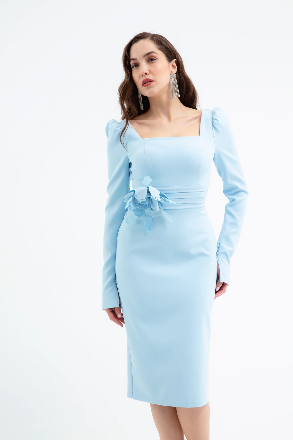 Kadın Gül Detaylı Uzun Kol Söz Nişan Nikah Abiye Elbise - Bebe Mavi