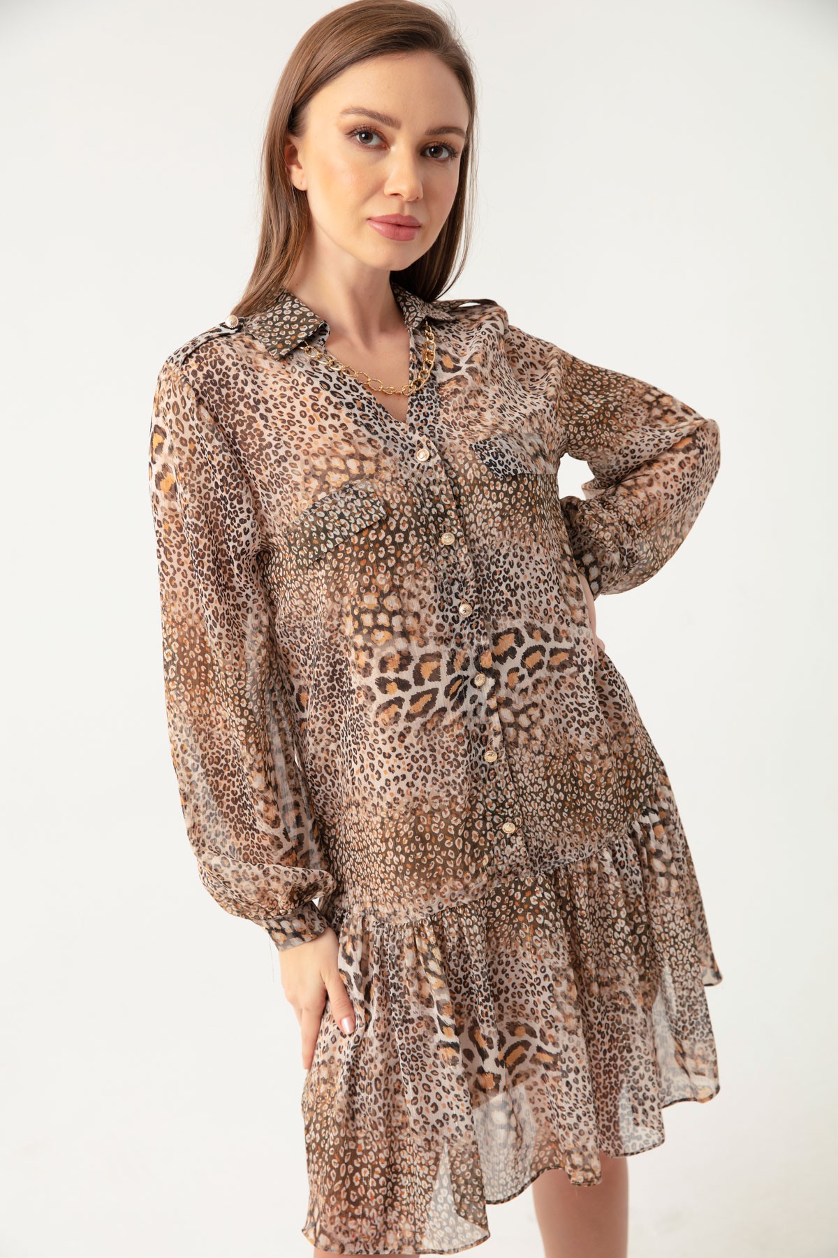 Kadın Leopar Desen Etek Ucu Fırfırlı Simli Şifon Midi Elbise - Kahverengi