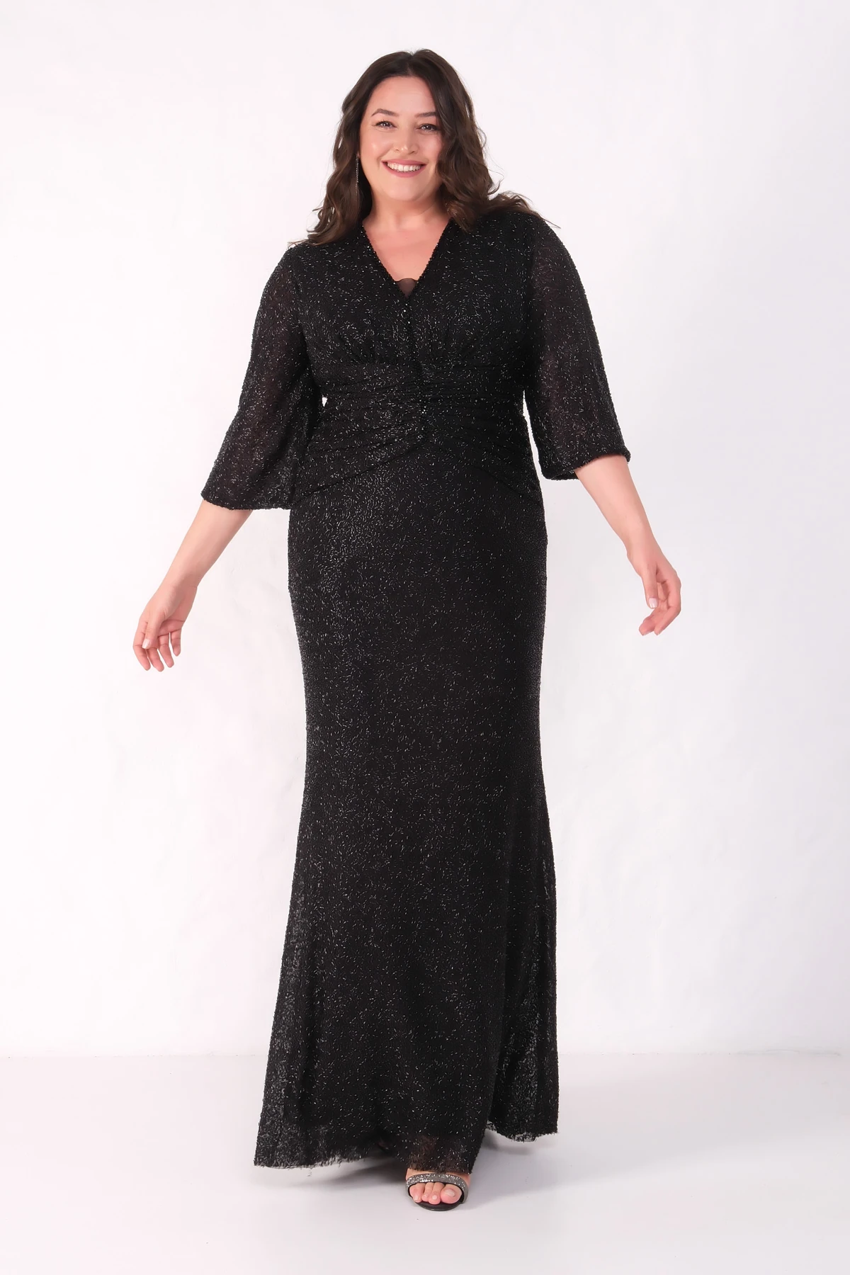 Kadın V Yaka Boncuklu Büyük Beden Abiye Elbise - Siyah