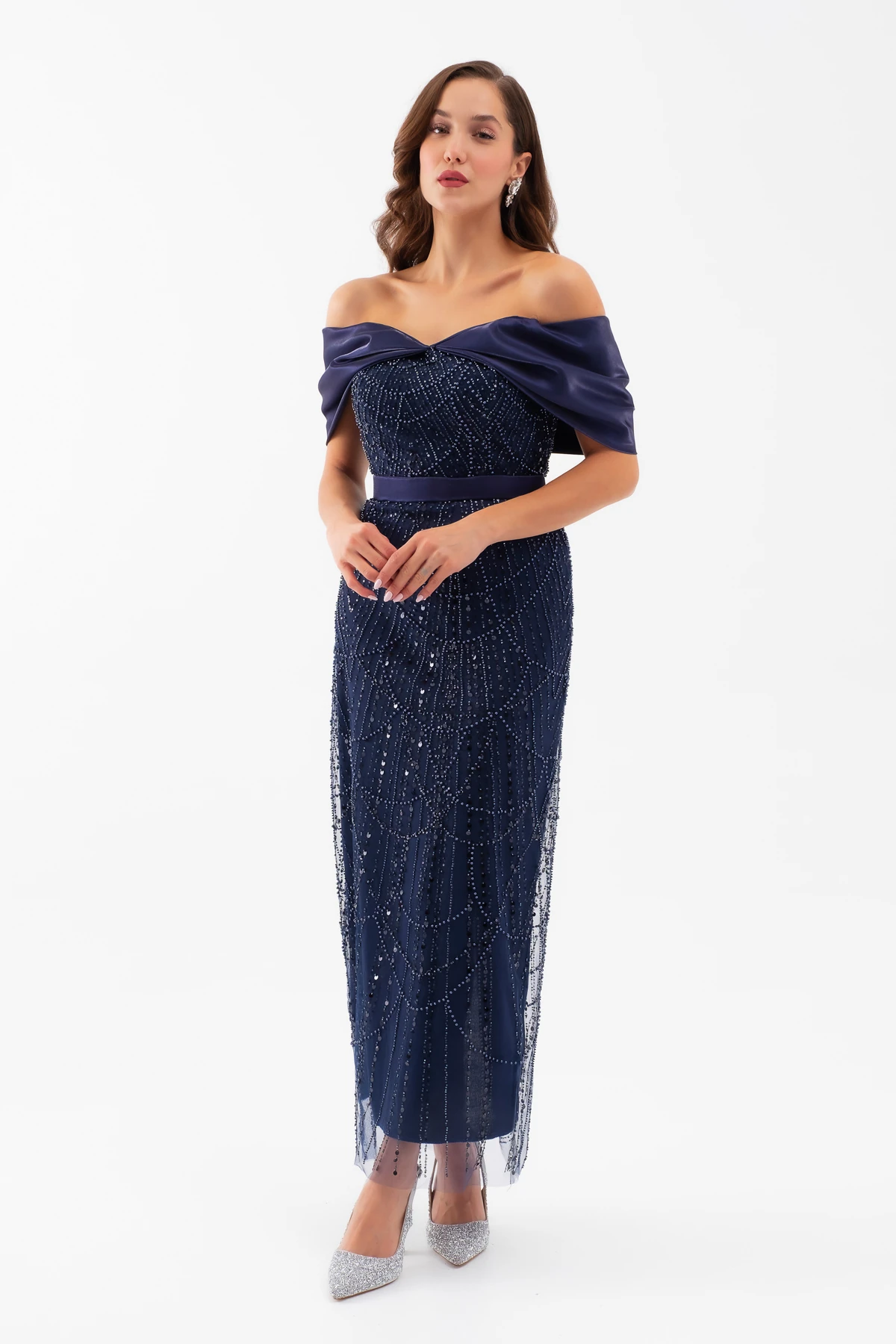 Kadın Kayık Yaka Midi Boncuklu Abiye Elbise - Lacivert