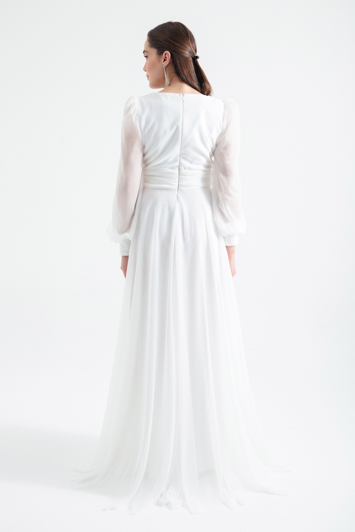 Kadın V Yaka Simli Uzun Abiye Elbise - Beyaz
