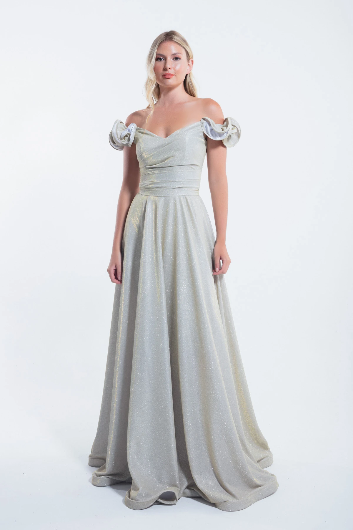 Kadın Kolları Fırfırlı Simli Uzun Abiye Elbise