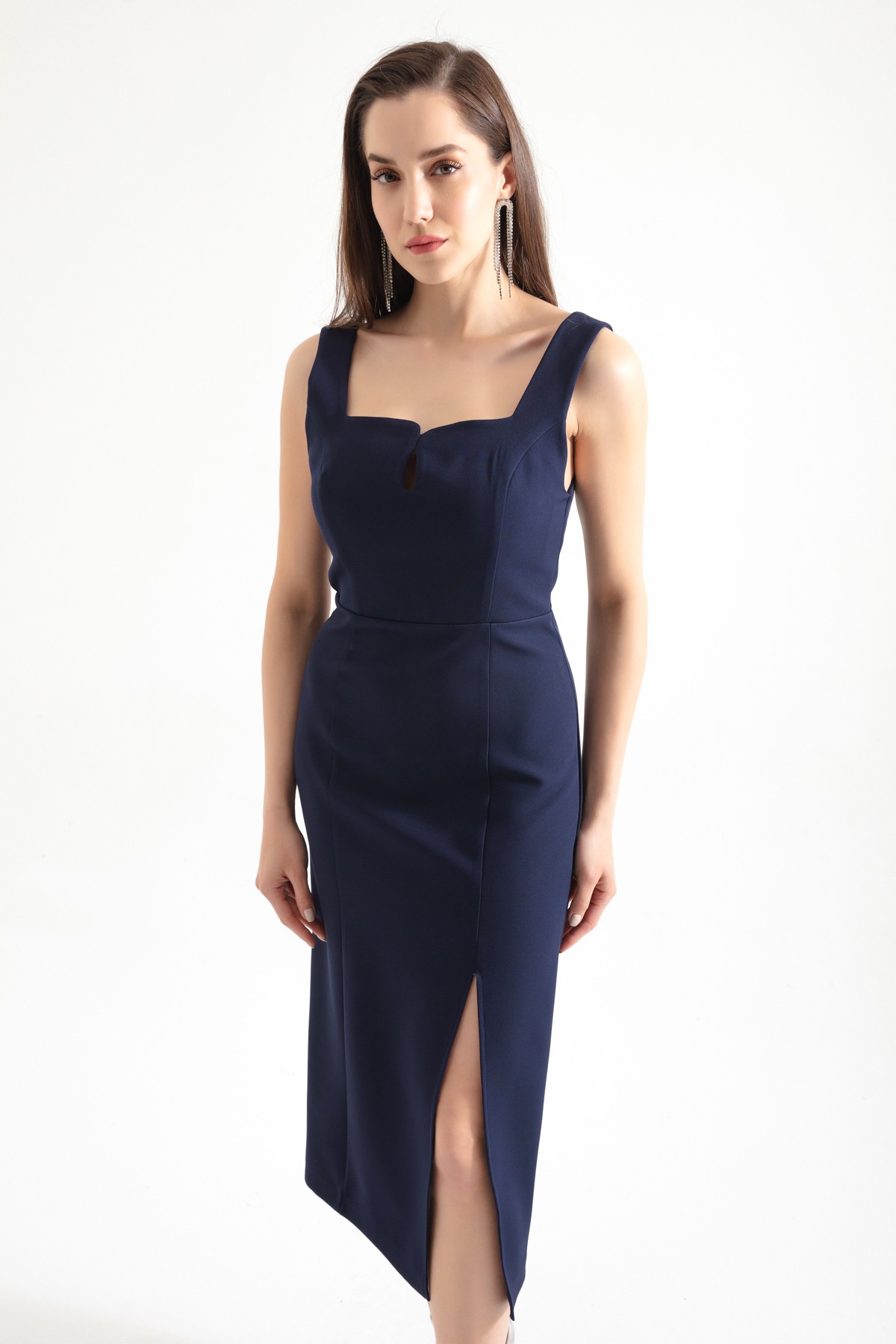 Kadın Kare Yaka Yırtmaçlı Midi Elbise - Lacivert