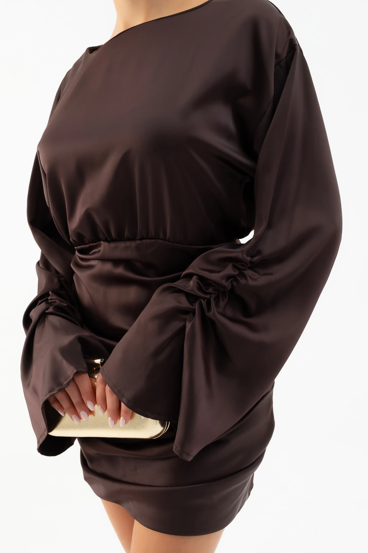 Kadın Uzun Kol Mini Saten Elbise - Kahverengi