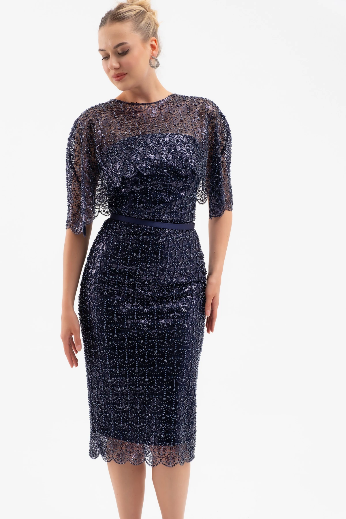 Kadın Bolero Detay Boncuklu Midi Söz Nişan Abiye Elbise - Lacivert