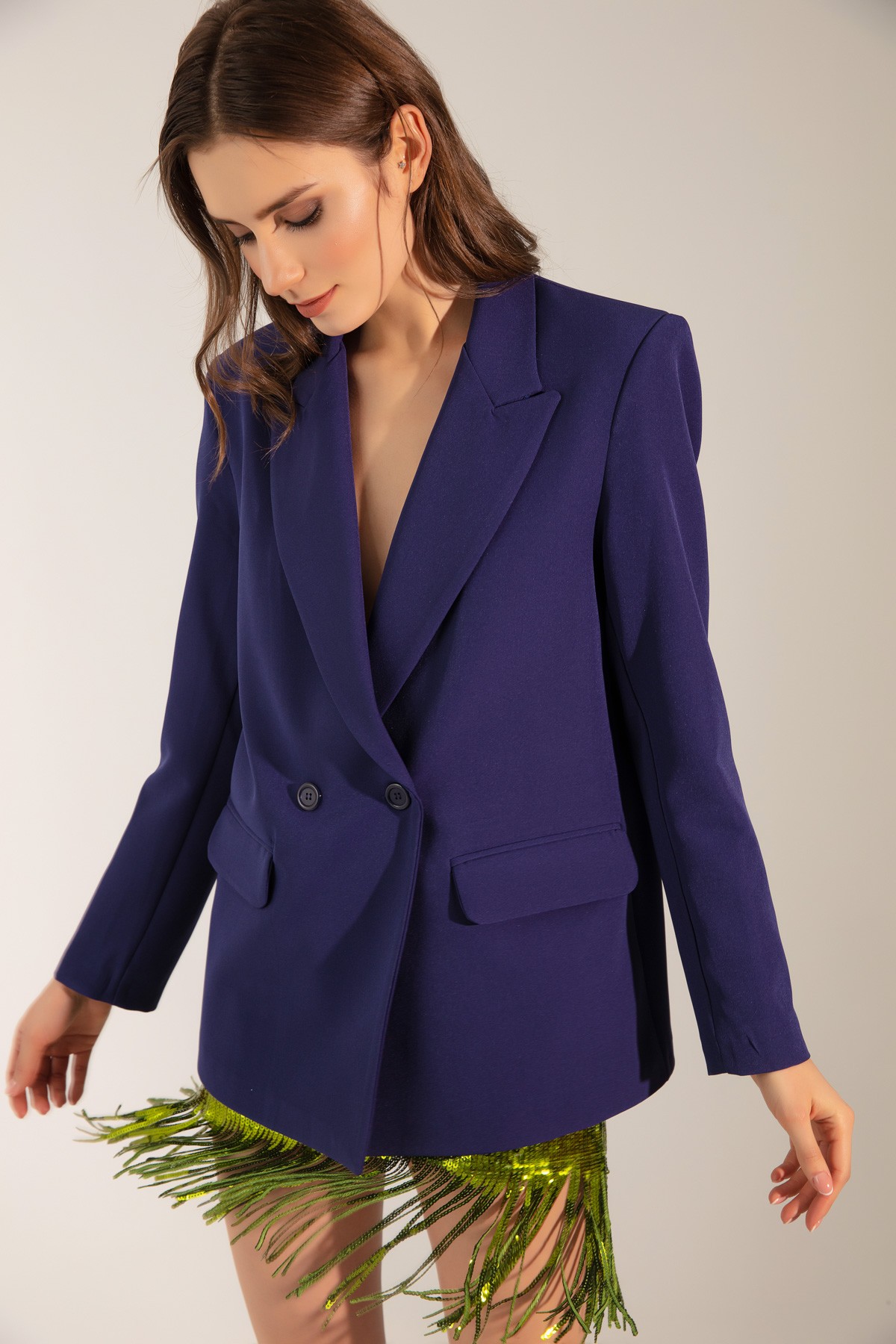 Kadın Oversize Düğmeli Blazer Ceket - Lacivert