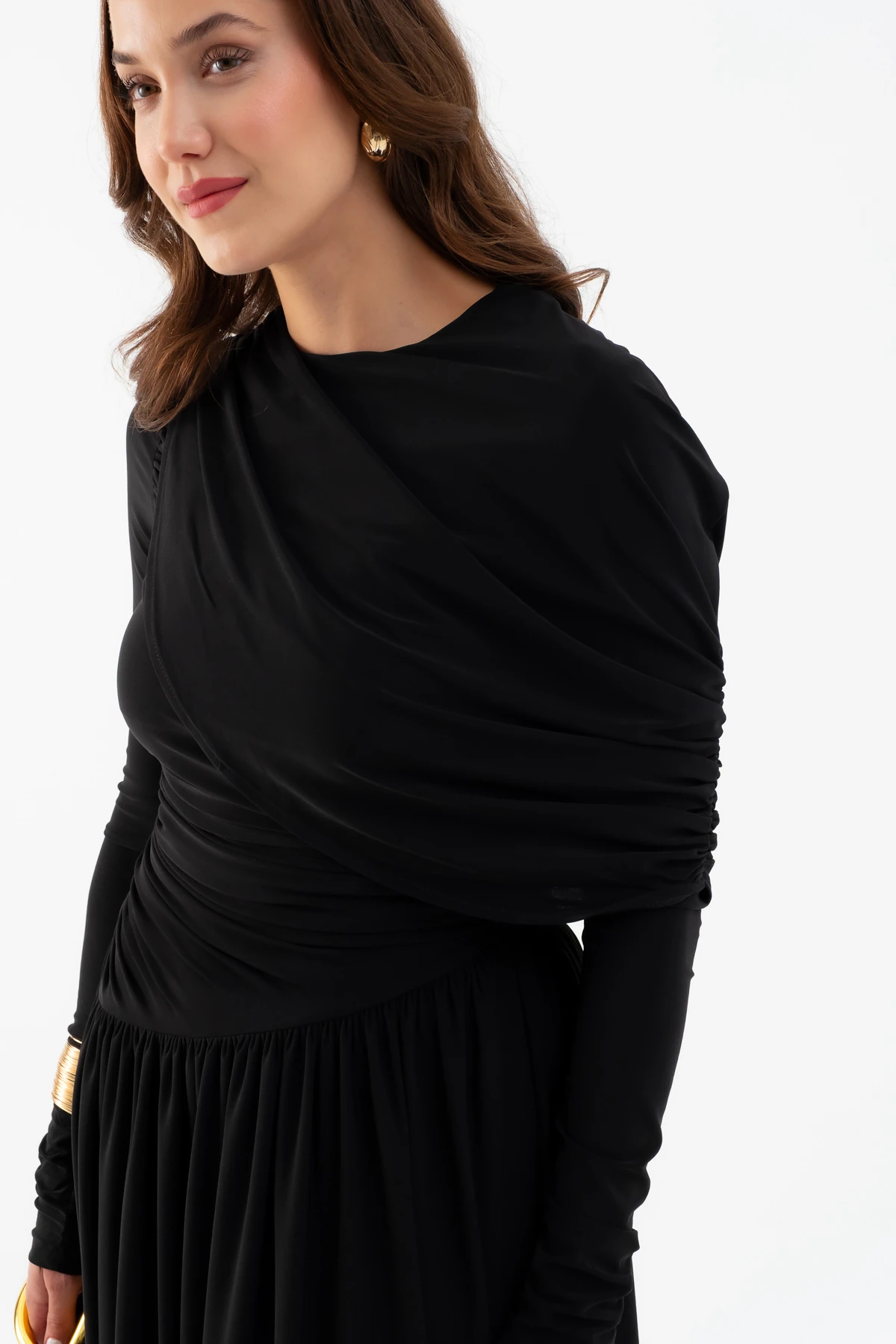 Kadın Omuz Parçalı Çapraz Büzgülü Uzun Elbise - Siyah