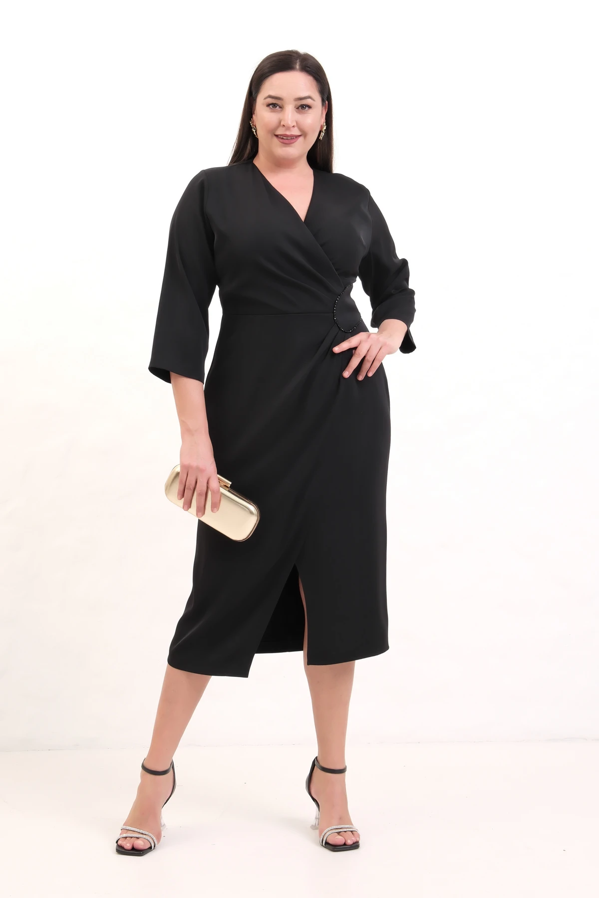 Kadın Kruvaze Yaka Boncuk İşlemeli Büyük Beden Midi Elbise - Siyah