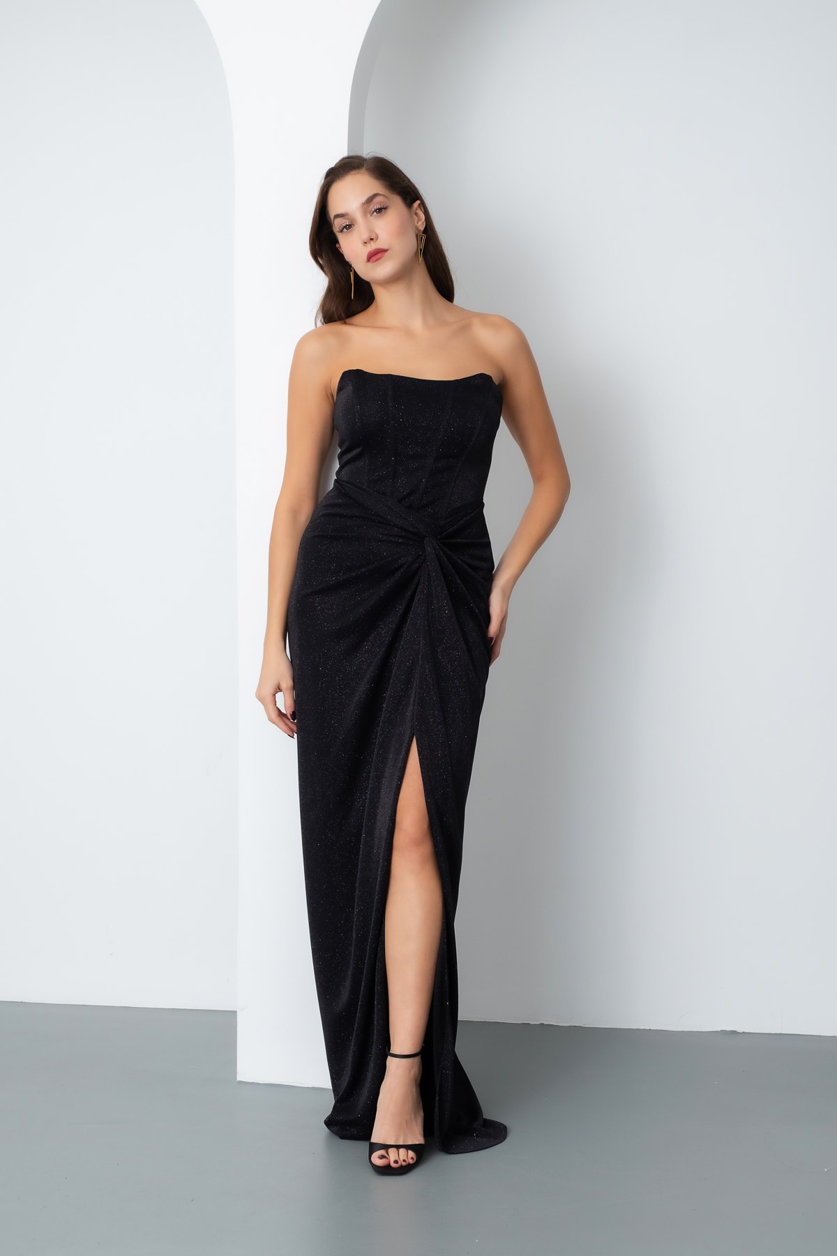 Kadın Straplez Simli Örme Abiye Elbise - Siyah