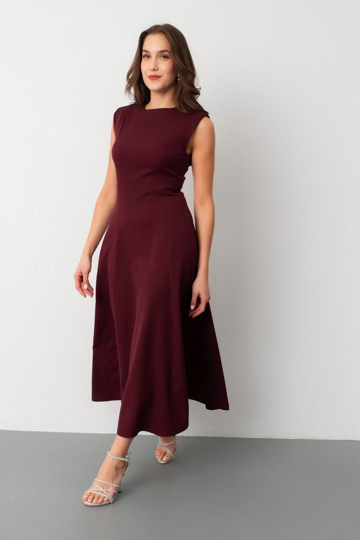 Kadın Vatkalı Midi Davet Elbisesi - Mürdüm
