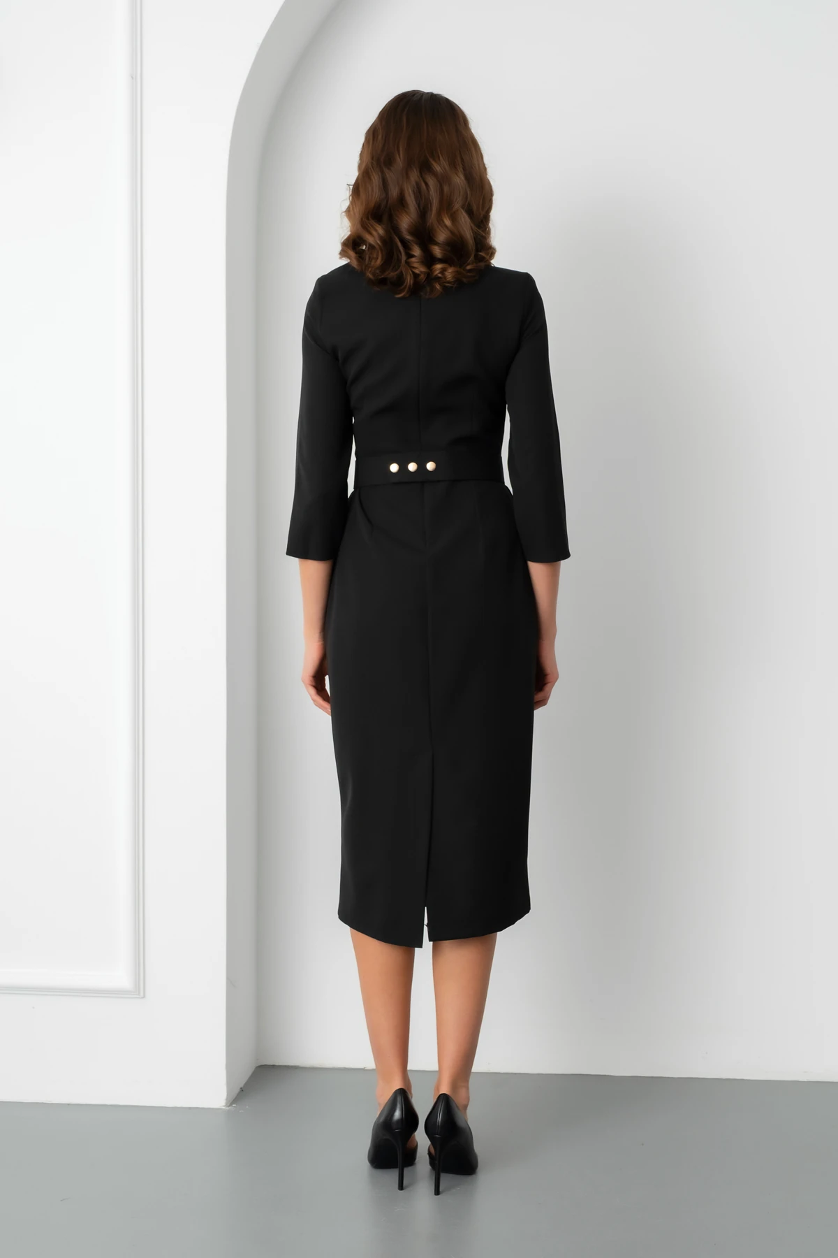 Kadın Kemer Detay Midi Davet Elbisesi - Siyah