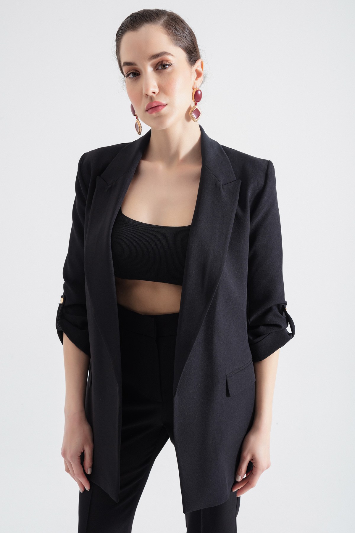 Kadın Kolları Katlamalı Blazer Ceket - Siyah