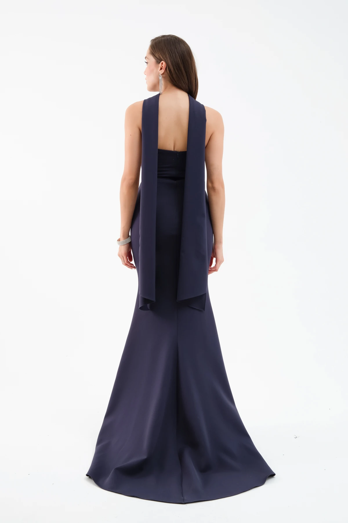 Kadın Şal Yaka Detay Uzun Abiye Elbise - Lacivert