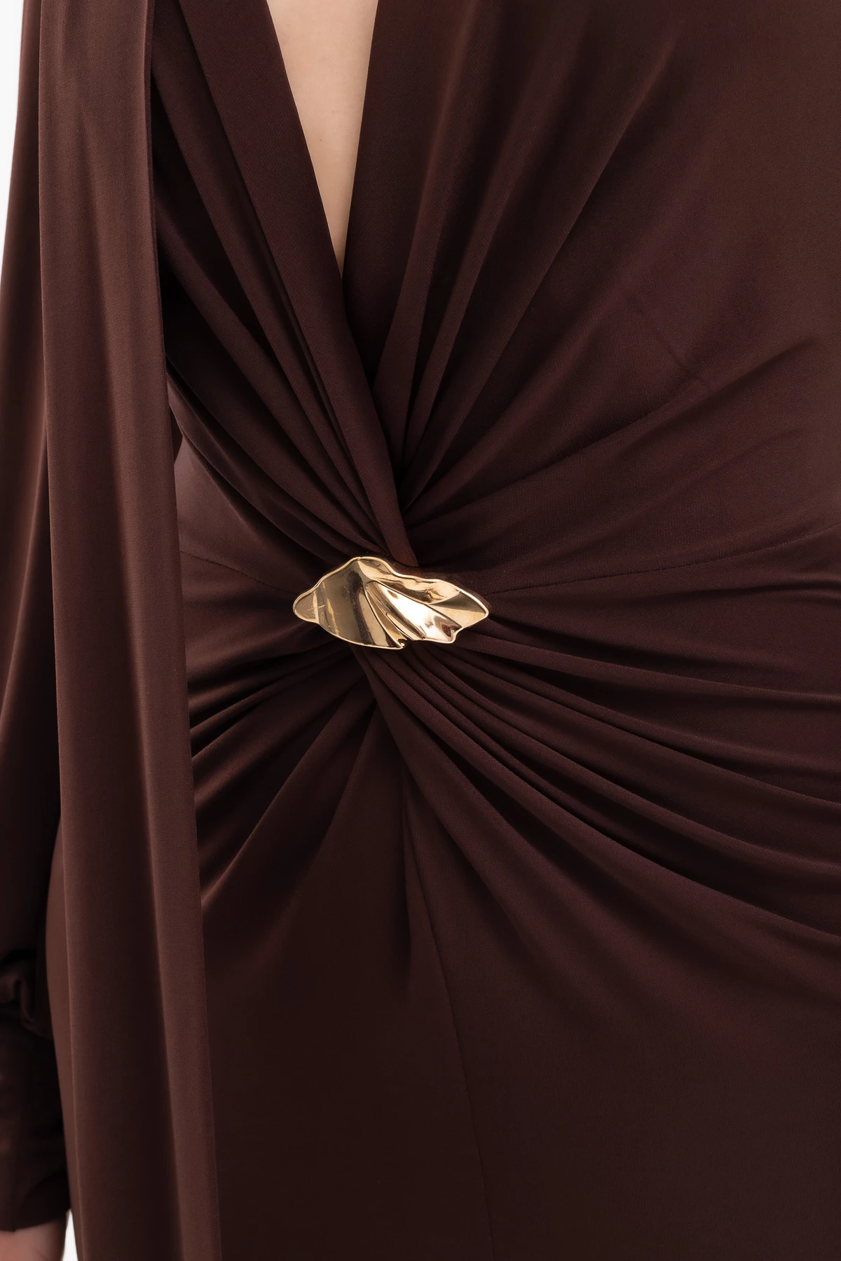 Kadın Şal Yaka Ön Düğüm Tokalı Uzun Elbise