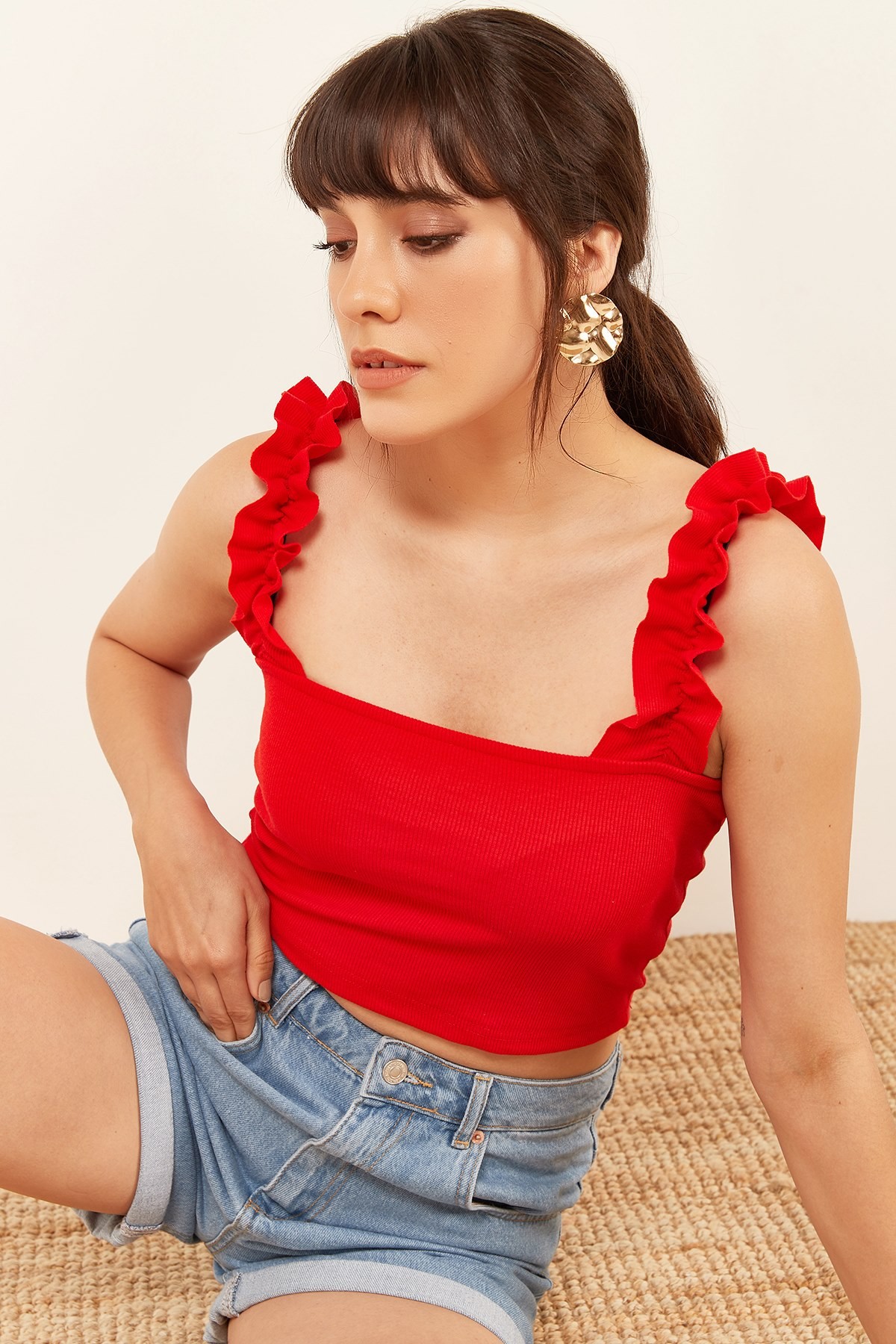 Kadın Askıları Fırfırlı Crop Top