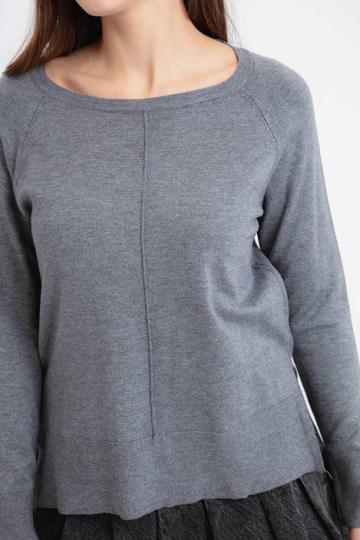 Kadın Kayık Yaka Yanları Yırtmaçlı Triko Kazak - Gri